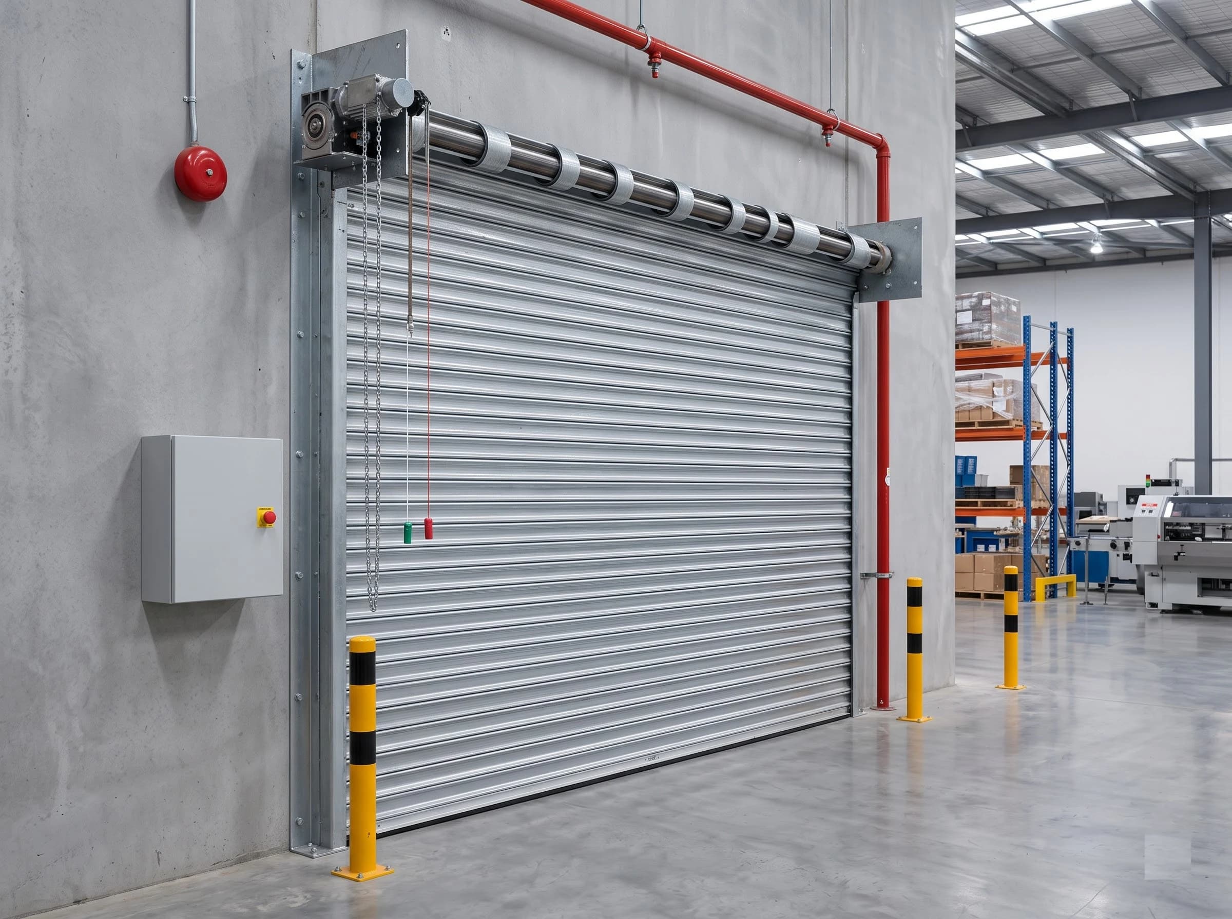 A fire rated rolling shutter closed in a long concrete compartment wall dividing two production areas of a factory, with the curtain coil and end plates at the head, the side motor and chain, a control box, an alarm bell and a sprinkler pipe on the wall