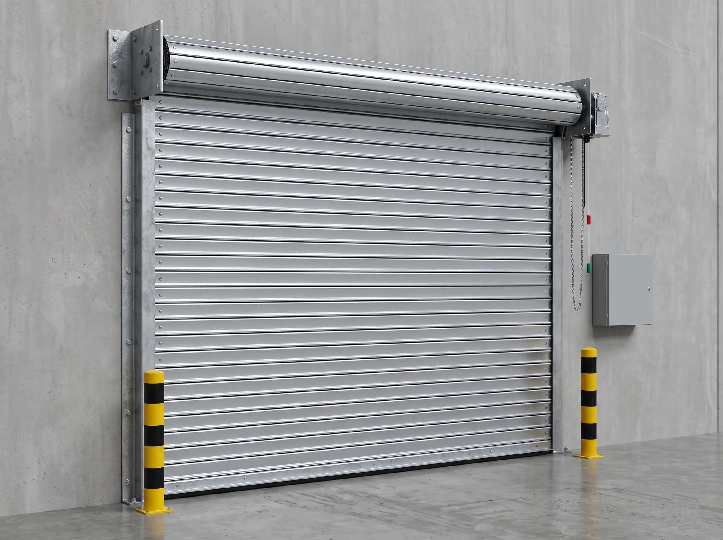 A fire rated rolling shutter closed across a large opening in a concrete compartment wall inside an industrial building: flat galvanised double-skin slats, the curtain coil on an exposed barrel between bolted steel end plates, heavy galvanised guides, the side motor with hand chain, a control box and yellow-and-black bollards