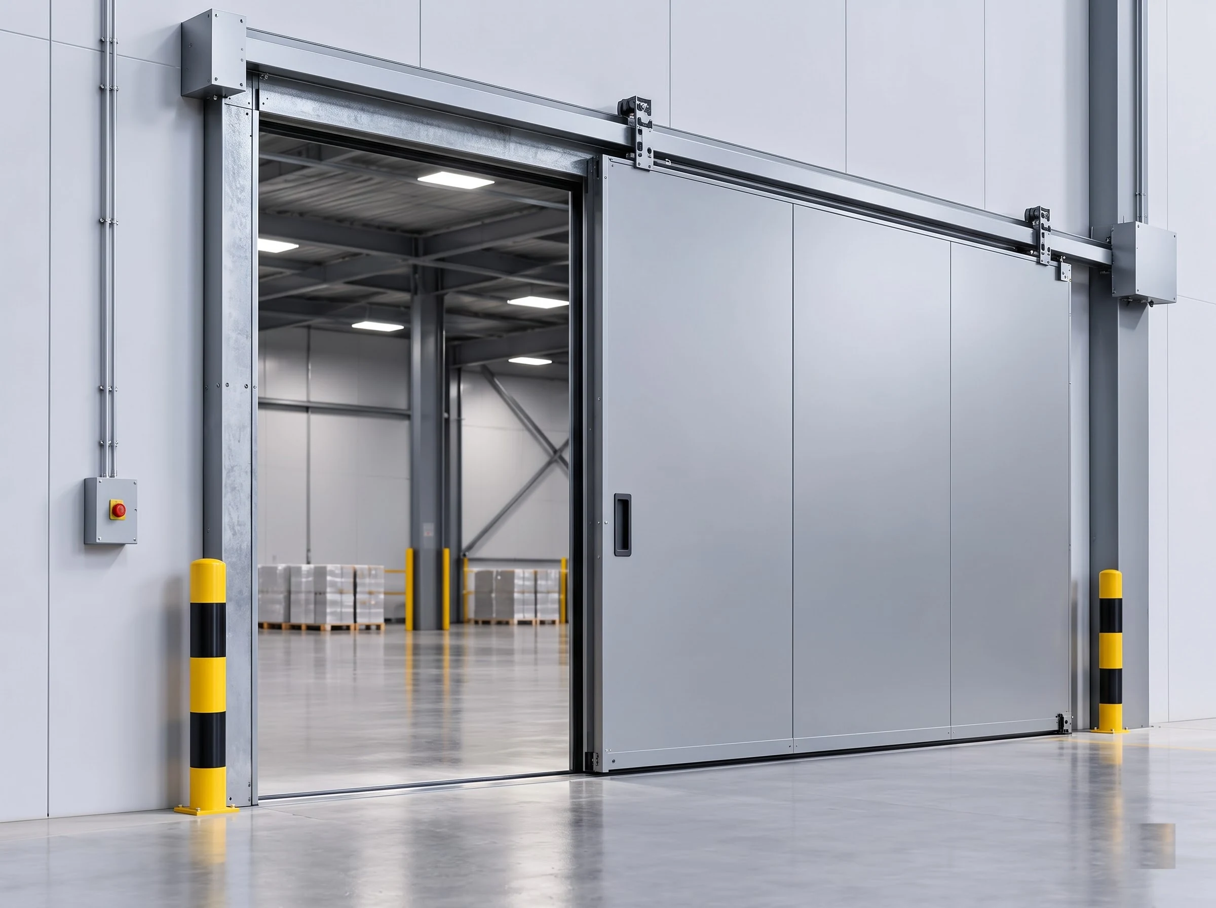 An industrial fire rated sliding door seen at a three-quarter angle inside a warehouse, the silver-grey steel leaf a third open on its bracketed overhead track with trolley hangers, header box, jamb frame, control box and bollards in view