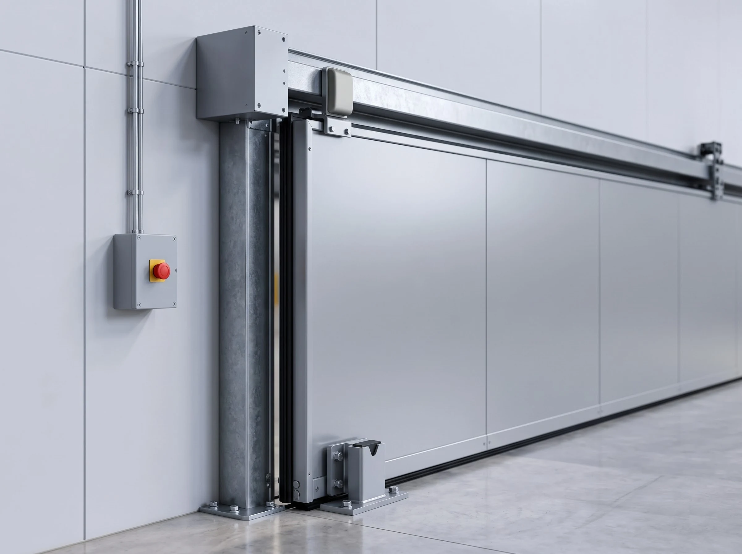 The closing end of a fire rated sliding door: the grey header box on the track, the leaf's leading edge meeting the galvanised jamb frame, the floor guide at the base and the wall control box with emergency stop