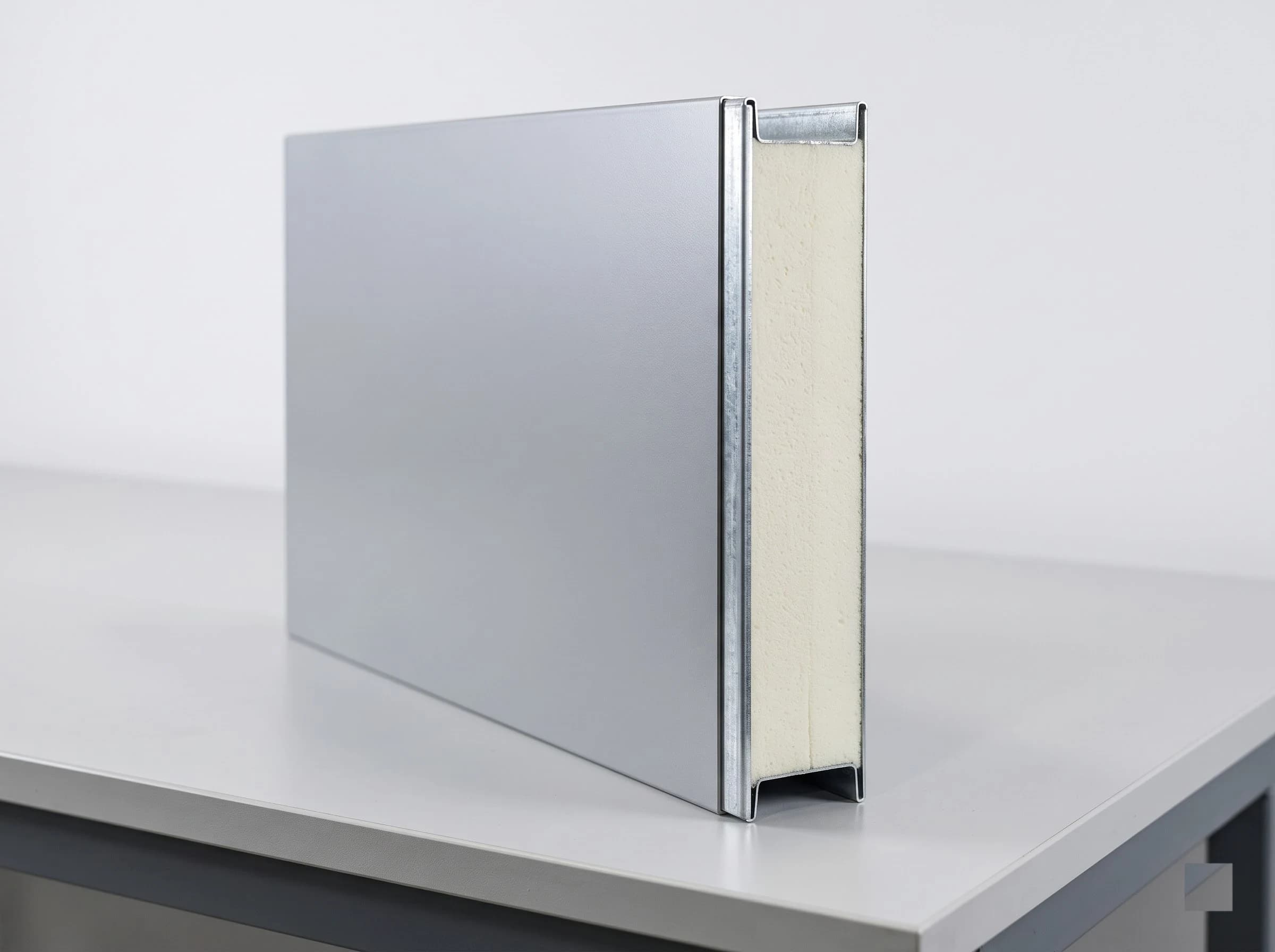 A cut sample of a fire rated sliding door panel on a bench: silver-grey painted steel skins on both faces with the rigid polyurethane foam insulation core between them and a galvanised steel edge channel