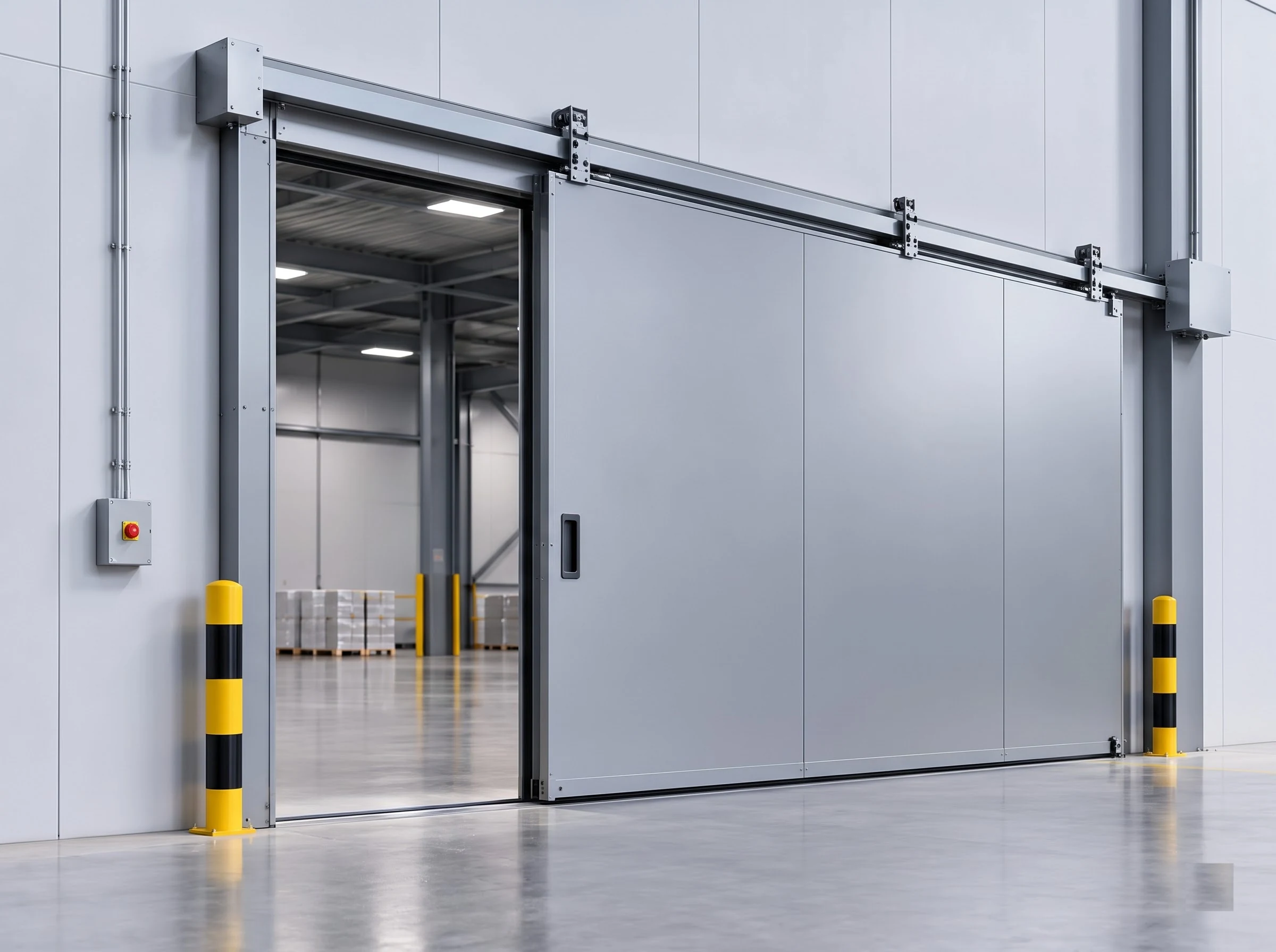 An industrial fire rated sliding door installed in a light-grey clad compartment wall inside a warehouse, the leaf, overhead track, brackets, header box, control box and bollards all visible