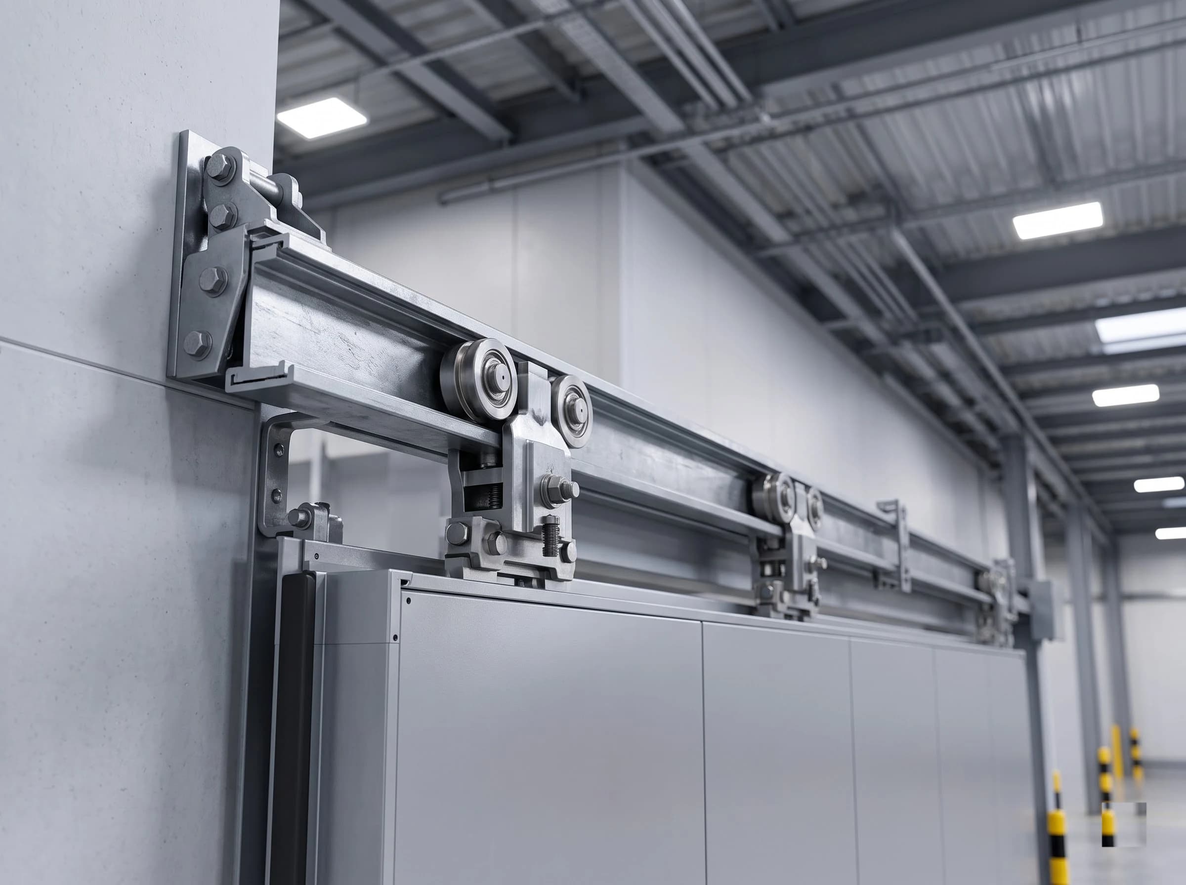 Looking up at a fire rated sliding door's overhead track: the galvanised track on heavy wall brackets with steel trolley hangers and paired rollers bolted to the top edge of the silver-grey leaf