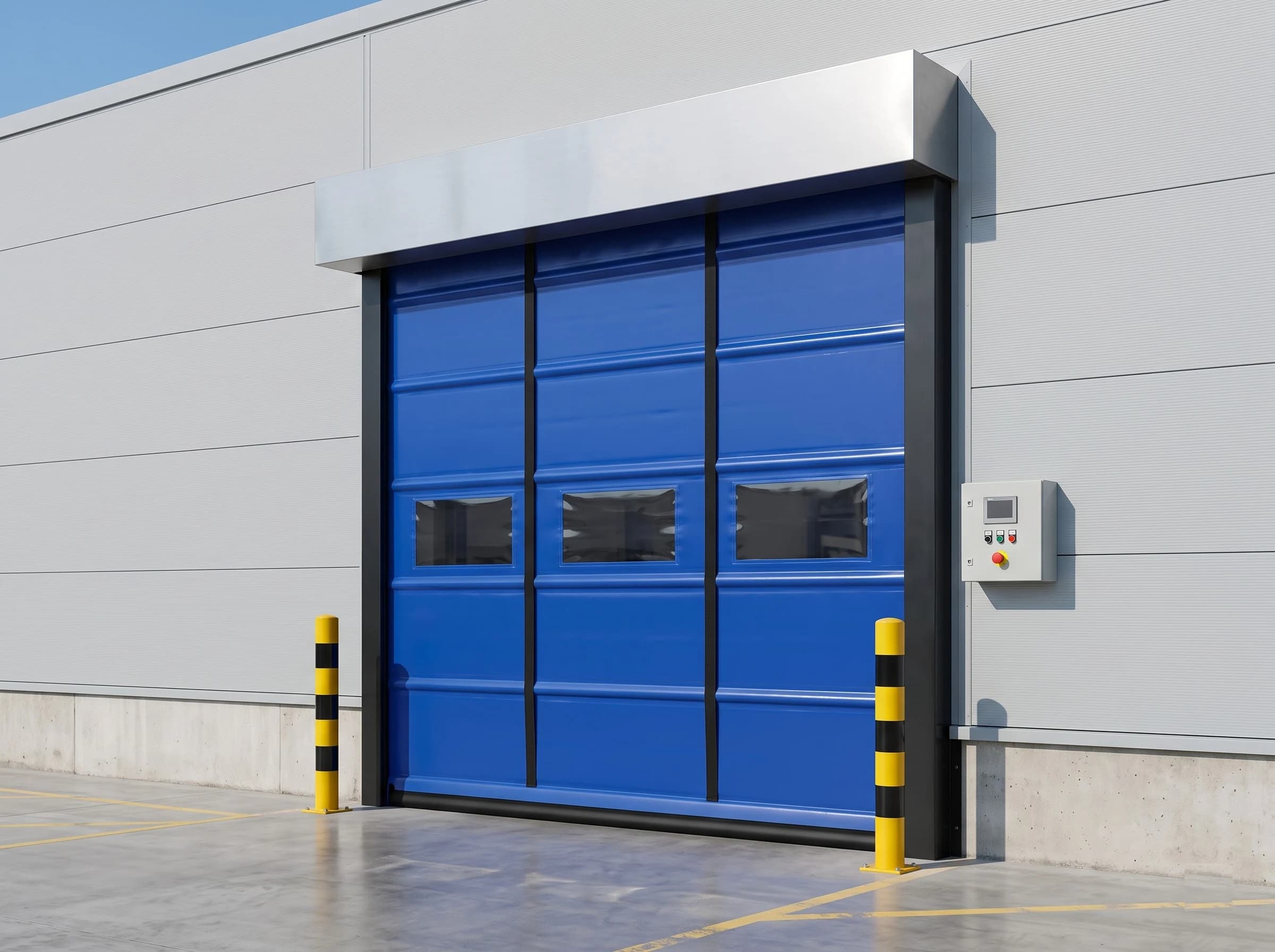 A high speed fold-up door on an external factory entrance seen from a three-quarter angle, closed: blue reinforced PVC curtain with horizontal wind-bar ridges, two black lifting straps and a row of three vision windows, under a plain stainless hood between black steel guides, with control box and yellow-and-black bollards