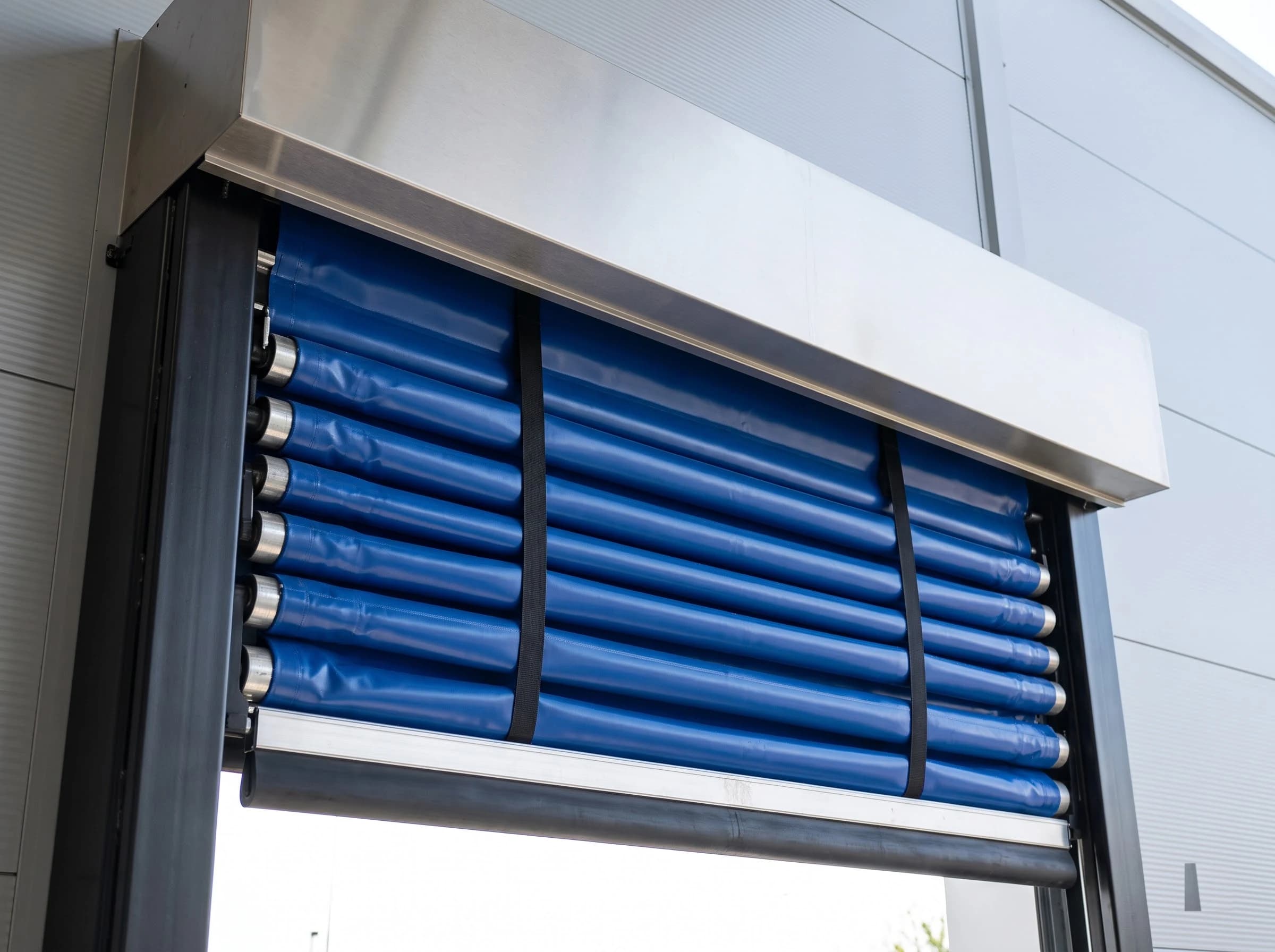 Head of an open high speed fold-up door seen from below: the blue curtain gathered into a stack of horizontal folds around its wind bars under the stainless hood, the two black lifting straps taut down the face of the stack, the bottom bar with its safety edge lowest, wind-bar end rollers in the black side guides