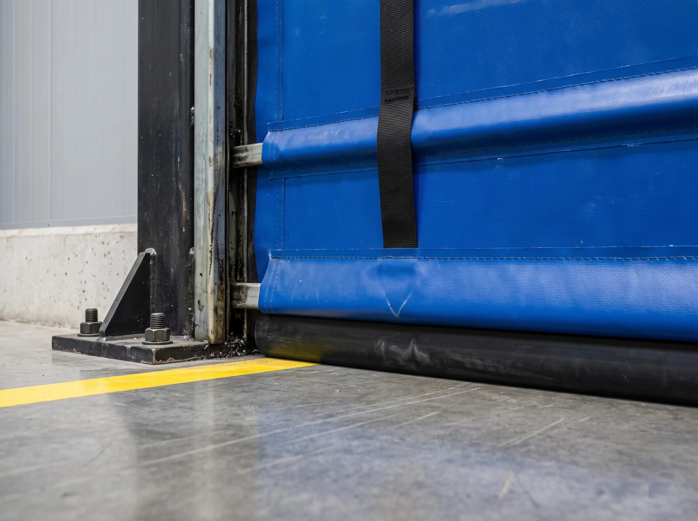 Bottom corner of a closed high speed fold-up door: the bottom bar in the lowest curtain pocket with its black rubber safety edge on the concrete, a wind-bar ridge and lifting strap above, and the foot of the black steel guide column bolted to the plinth where the curtain edge enters the guide