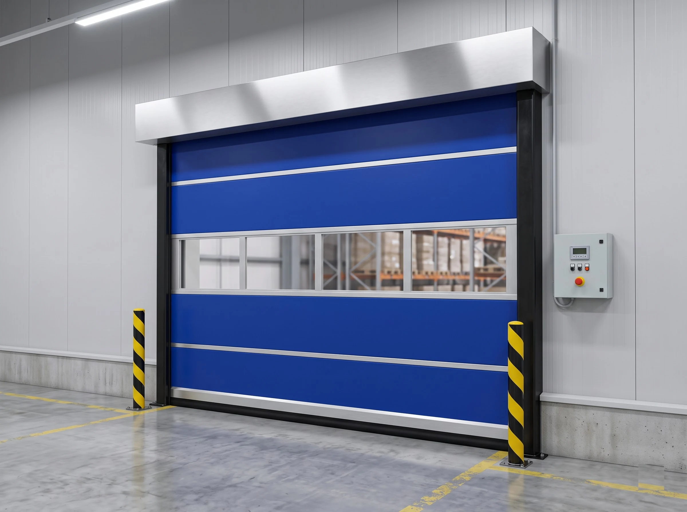 A high speed rigid insulated door in a warehouse opening seen from a three-quarter angle, closed: smooth blue double-skin panels joined by slim aluminium profiles, a full-width glazed vision row, a plain stainless hood, black steel guide columns, control box and bollards