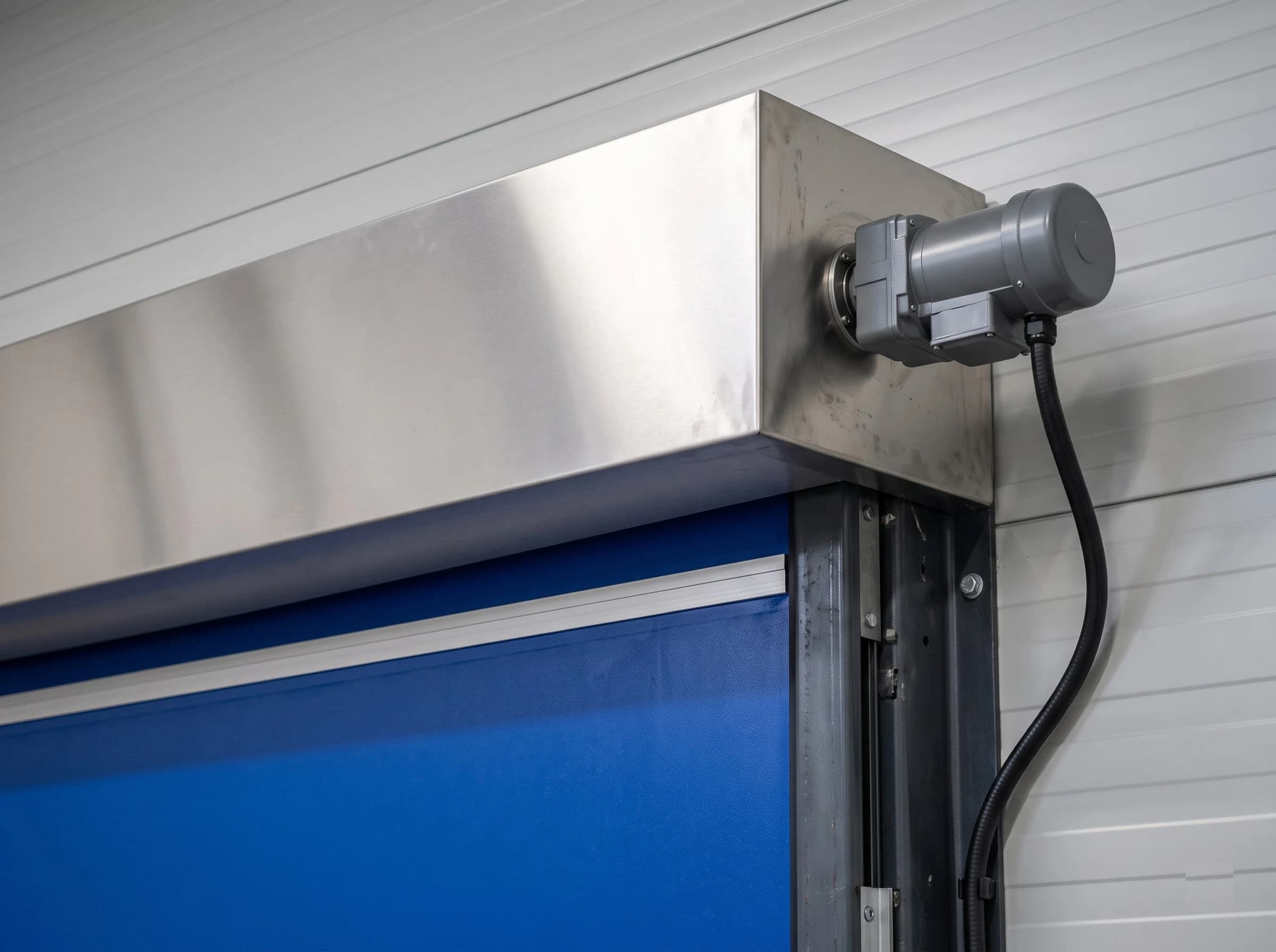Top corner of a high speed rigid insulated door: the plain stainless hood with the geared electric drive motor on the shaft end and its conduit, the top blue panel with its aluminium joint profile running in the black guide column