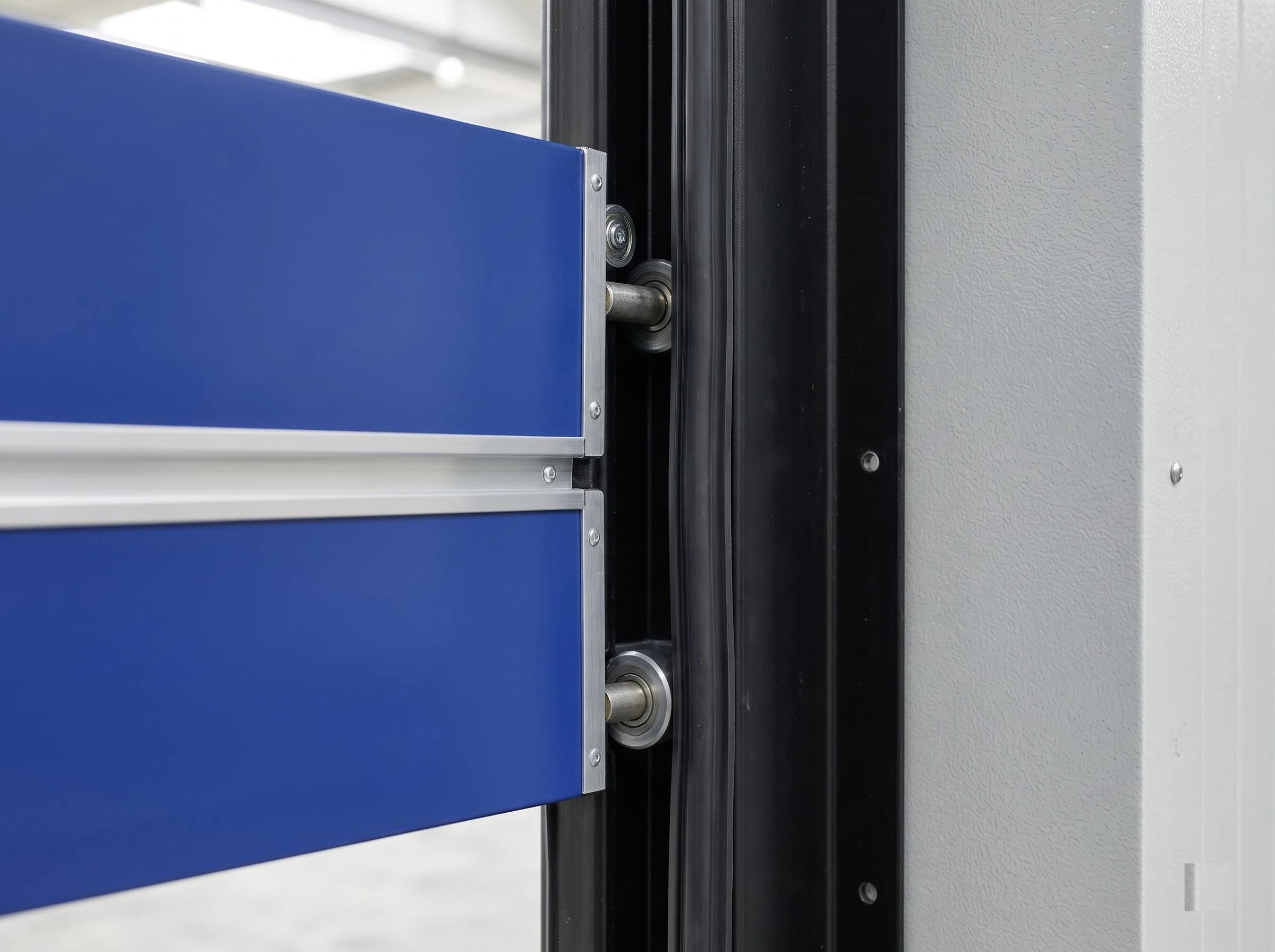 Close-up of the side guide of a high speed rigid insulated door: the ends of two blue insulated panels entering the black steel guide column, each carrying a guide roller on a short axle running in the channel, with the aluminium joint profile between them and a black side seal