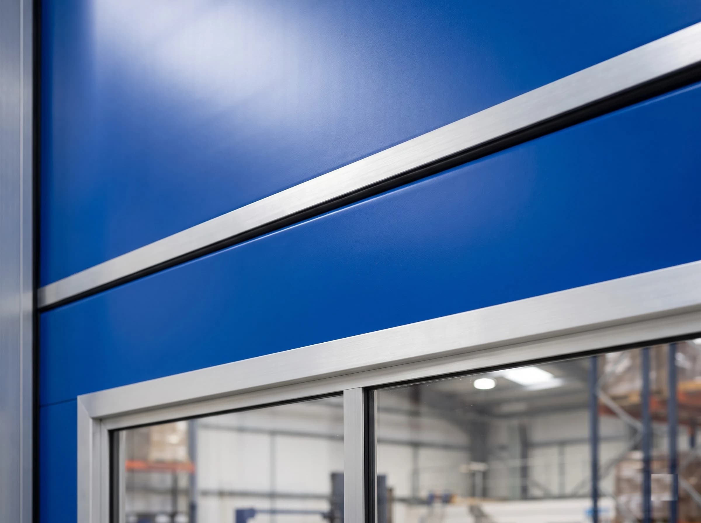 Close-up of the leaf of a high speed rigid insulated door: two smooth blue double-skin panels meeting along a brushed-aluminium joint profile with a black seal, and the aluminium-framed glazed vision panel with a slim mullion below