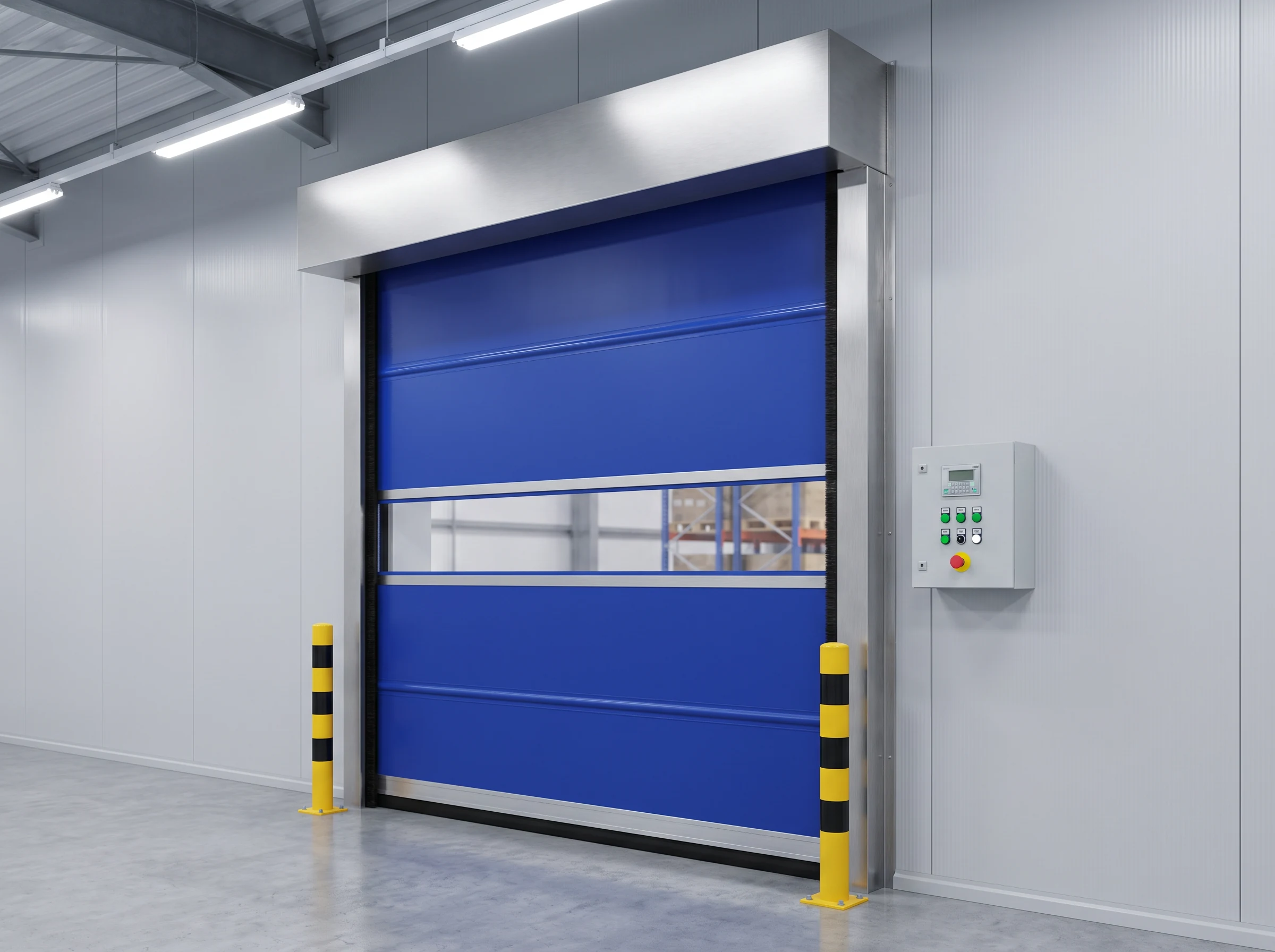 A blue PVC high speed roll-up door seen from a three-quarter angle, closed, with its full-width clear vision band, brushed stainless hood and side guides, wall control box and yellow-and-black bollards