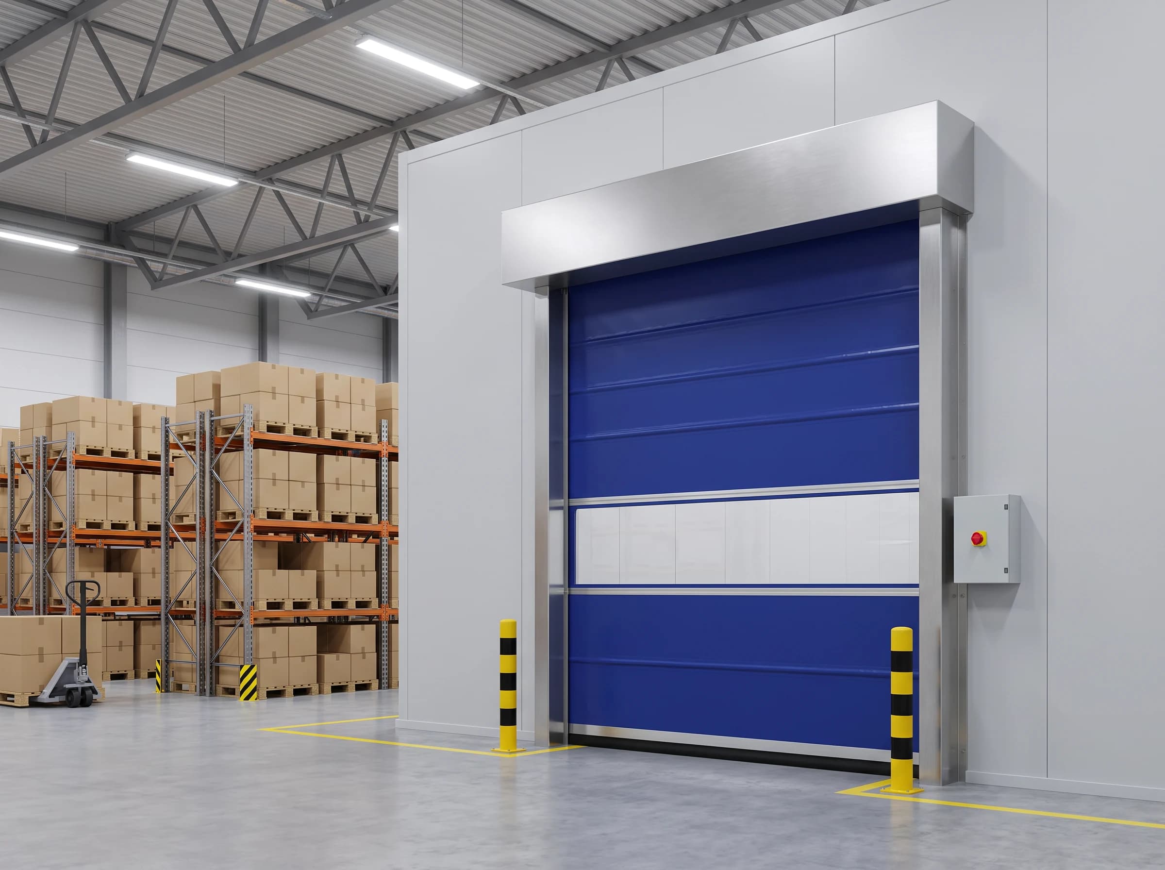 A blue PVC high speed roll-up door closed in a partition wall between two zones of a warehouse, with loaded pallet racking to one side and yellow floor markings leading to the opening