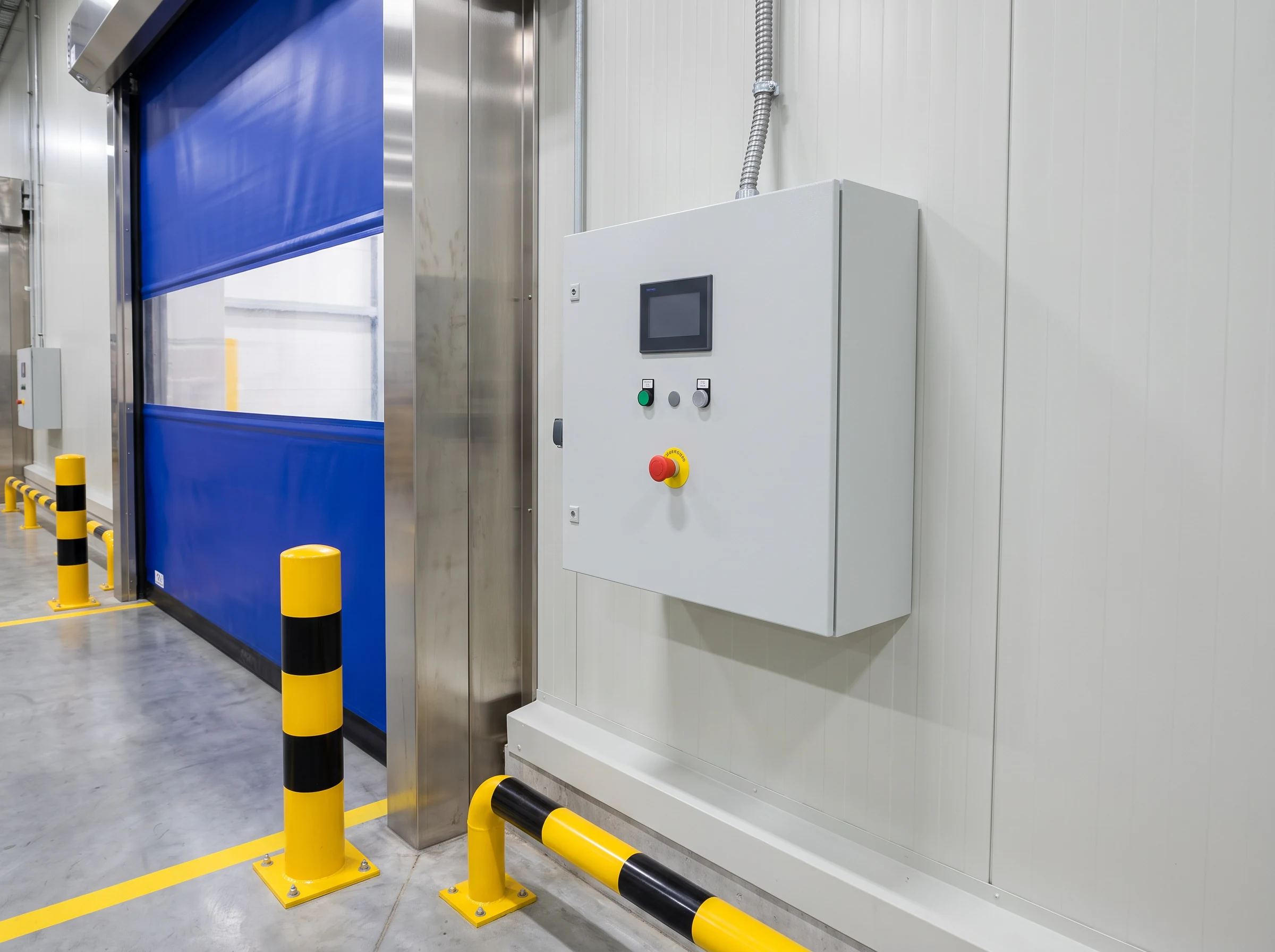 Close-up of the wall-mounted control box beside a high speed roll-up door, with display, push buttons and red emergency stop, a yellow-and-black bollard in the foreground and the blue curtain and stainless guide behind