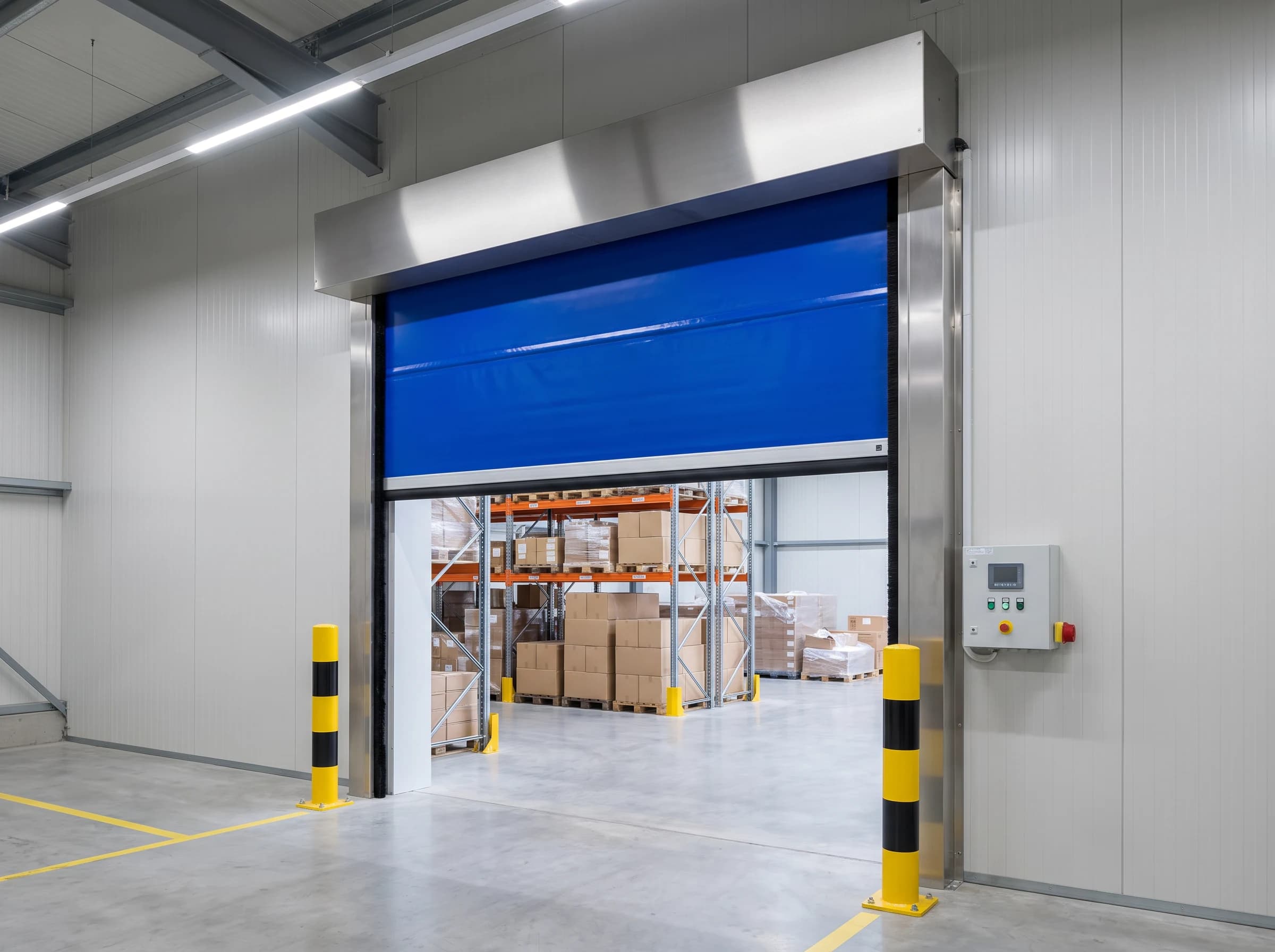 A blue PVC high speed roll-up door two-thirds open, the curtain rolled up into its stainless hood, with a second warehouse zone and pallet racking visible through the clear opening
