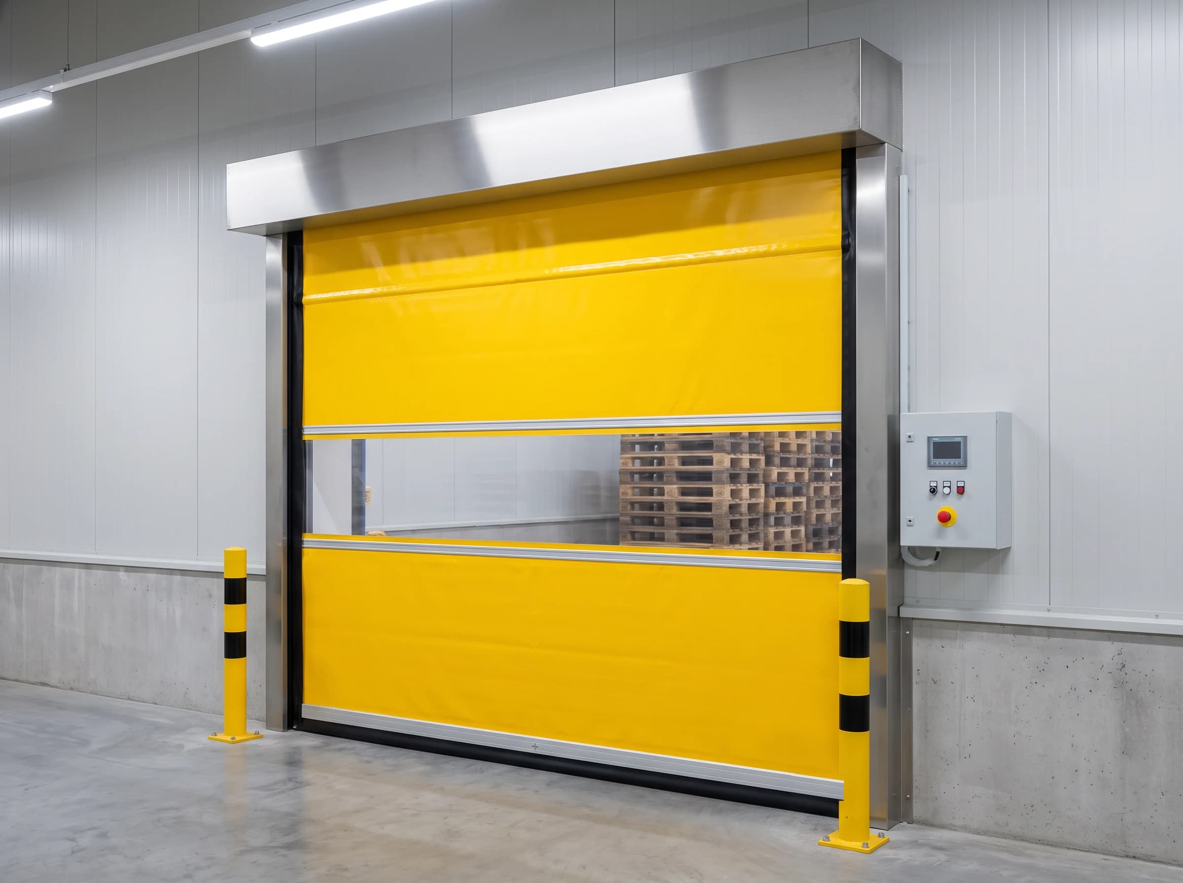 A yellow PVC high speed self-repairing door seen from a three-quarter angle, closed, with its full-width clear vision band, brushed stainless hood and guide columns, wall control box and yellow-and-black bollards