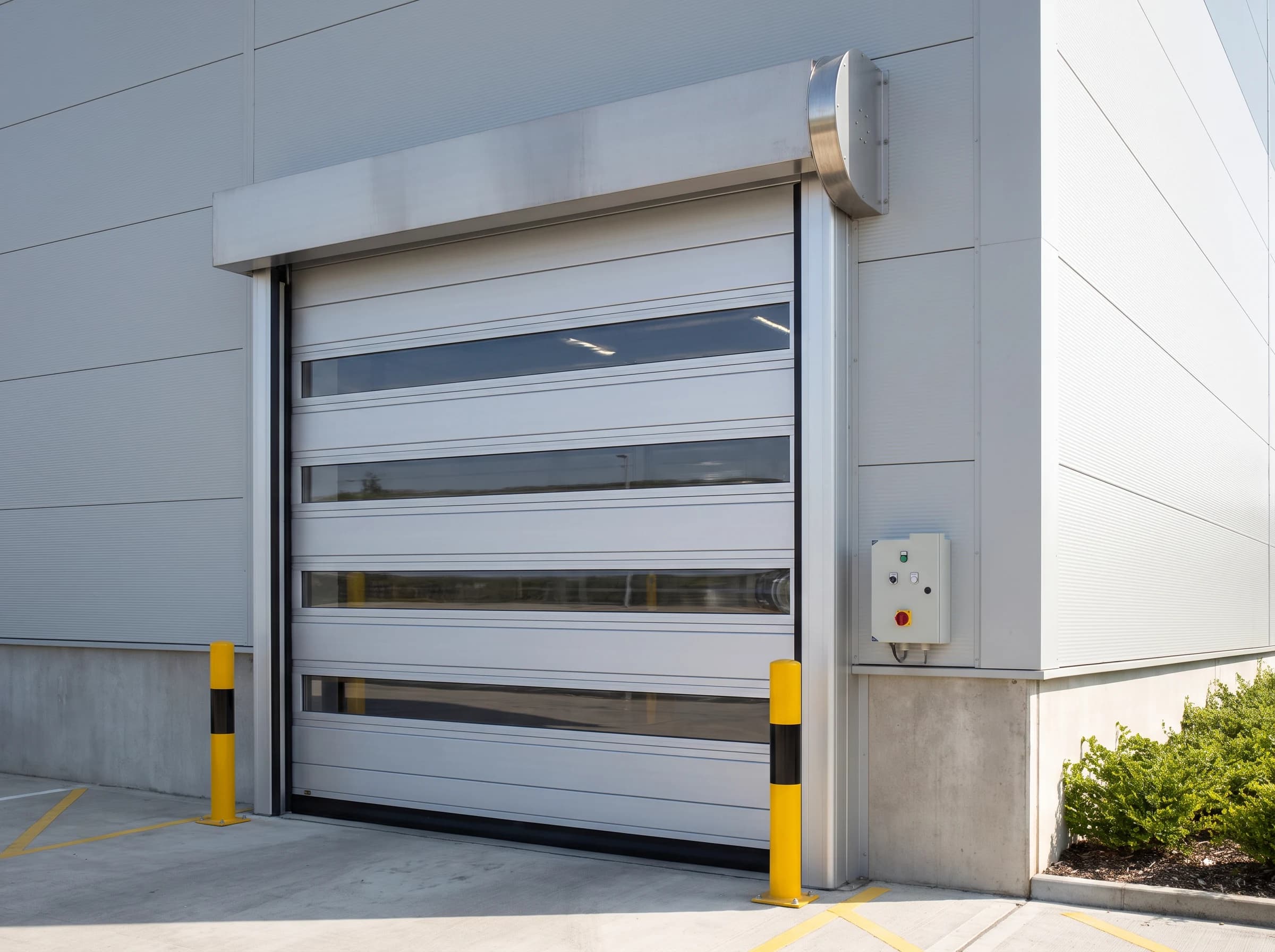 A high speed spiral door on an external factory entrance seen from a three-quarter angle, closed: silver anodised aluminium panels alternating with full-width glazed rows, stainless hood with the spiral end plate at its right, guide columns, control box and yellow-and-black bollards
