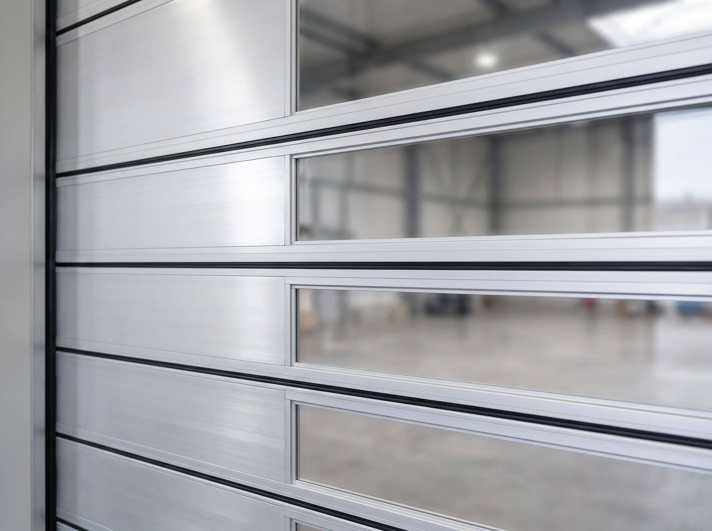 Close-up of the leaf of a high speed spiral door: rigid silver anodised aluminium panels alternating with clear glazed panels in slim silver frames, hinged along fine joint lines with black seals