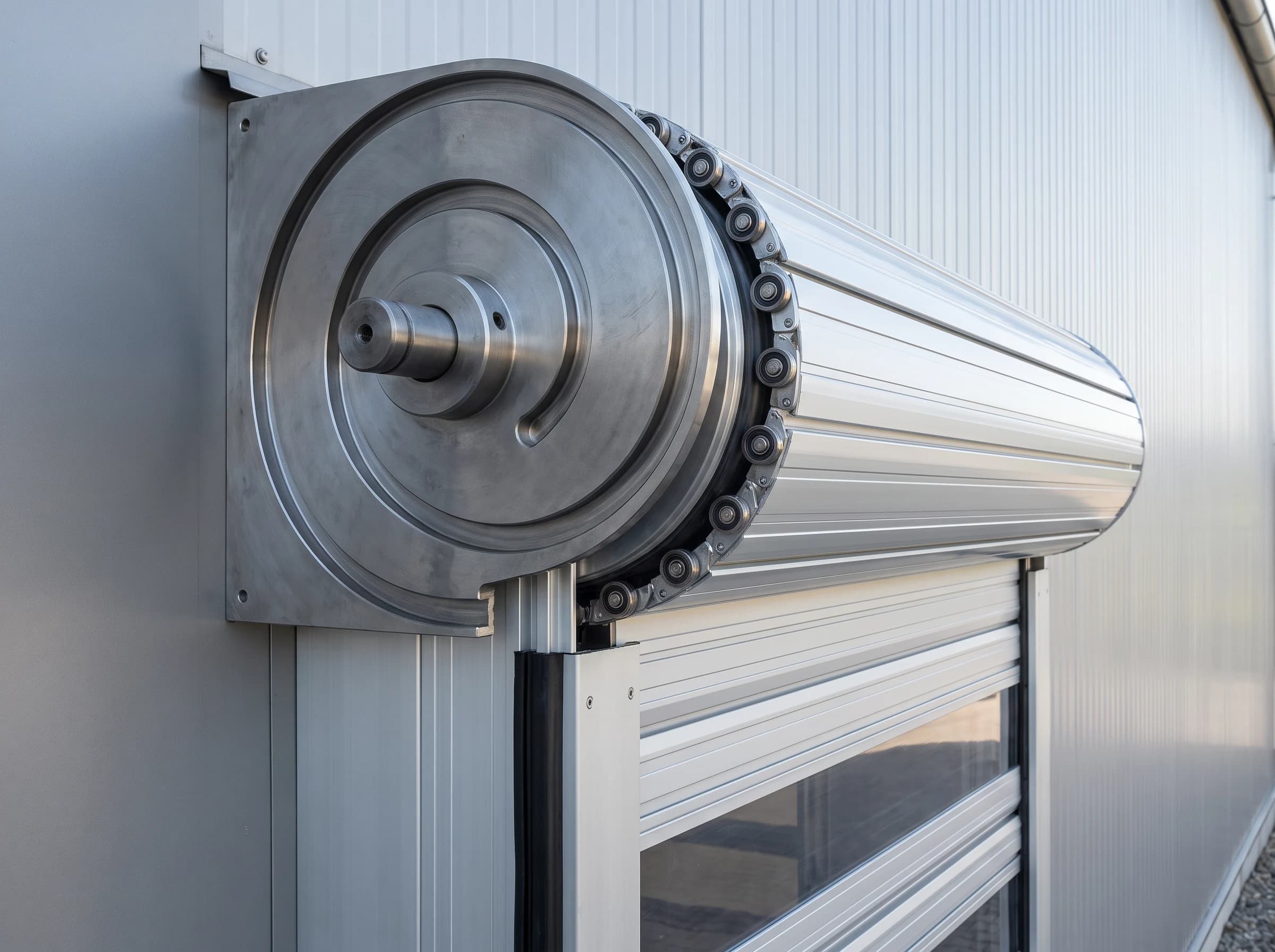 Side of the head of a high speed spiral door with the hood end cover removed: the round steel side plate with its machined spiral groove, the panel-end rollers running in the outer turn of the track and the leaf entering from the guide column below