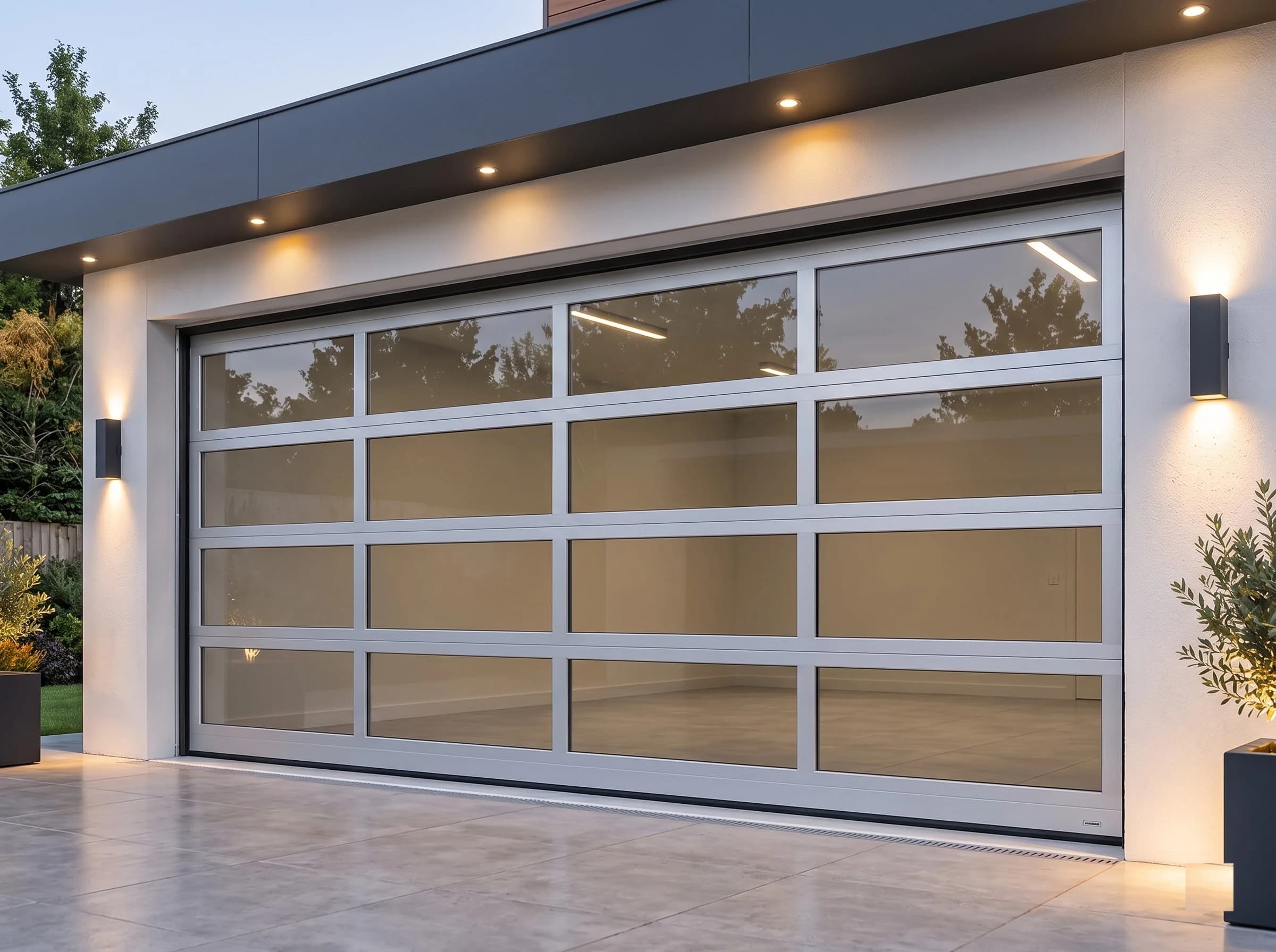 A full-view glazed aluminium sectional garage door seen from the driveway at a three-quarter angle, closed: four rows of satin silver aluminium sections with slim mullions and clear glazing on a modern residential garage at dusk