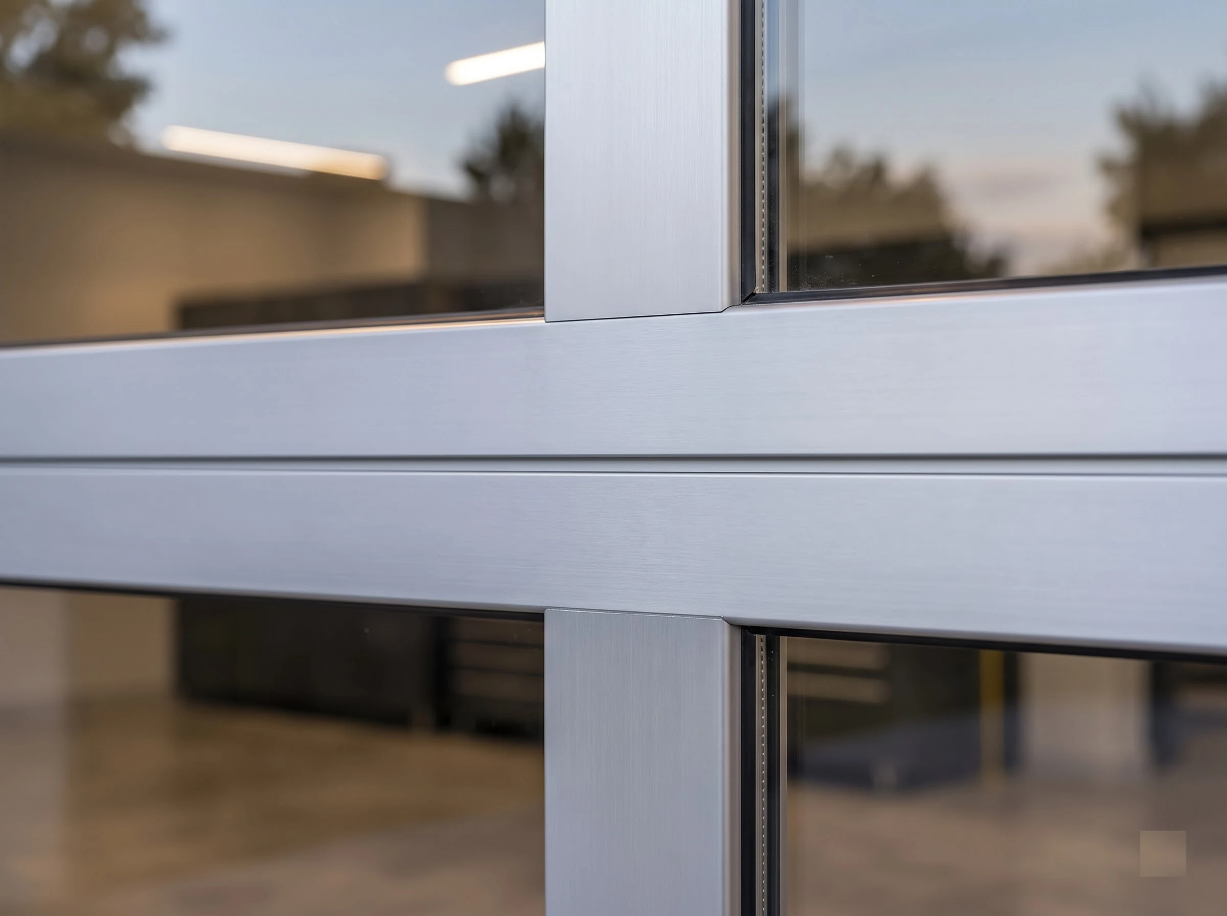 Close-up of an aluminium garage door at a section joint: satin silver anodised aluminium rails meeting along a fine joint, a vertical mullion with glazing beads holding clear glass either side