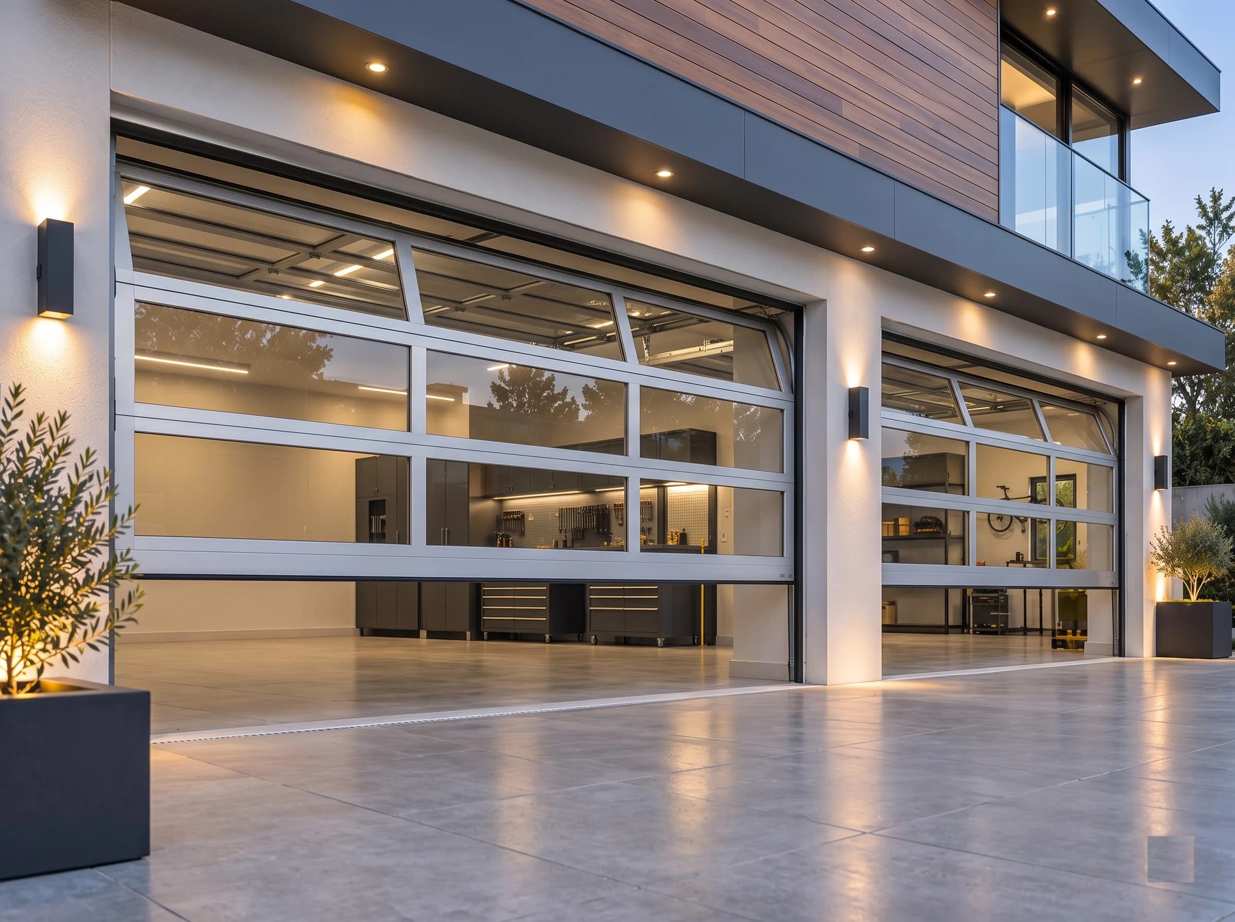 A glazed aluminium garage door two-thirds open at dusk, the upper sections travelling overhead into the garage while the lower sections remain in the vertical tracks, the lit empty garage visible through the opening