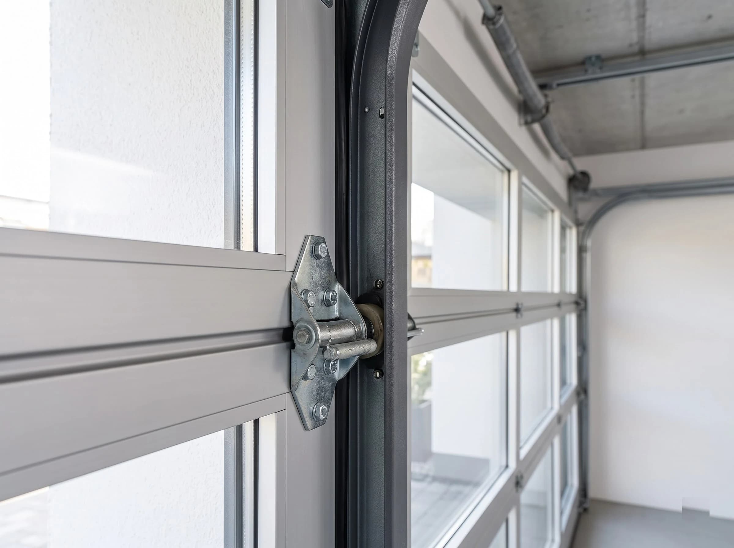Inside view at the jamb of an aluminium garage door: a galvanised end hinge on the aluminium section edge with its roller in the powder-coated vertical track, the hinge across the section joint, and the track curving overhead
