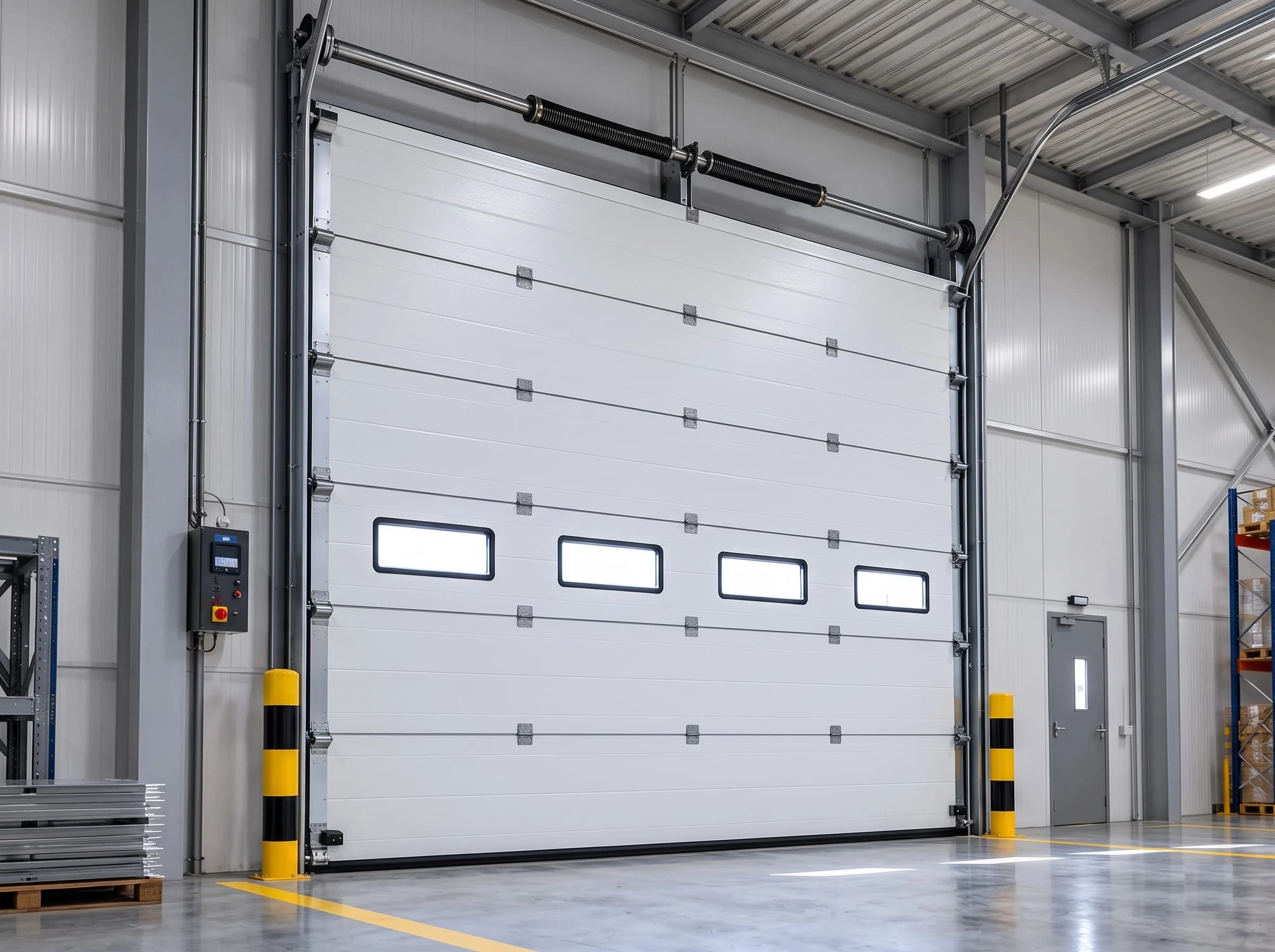 An industrial sectional overhead door seen from inside the warehouse at a three-quarter angle, closed: five white insulated panels with a row of four windows, galvanised hinges and vertical tracks, the torsion shaft and black springs above the head, the control box and bollards