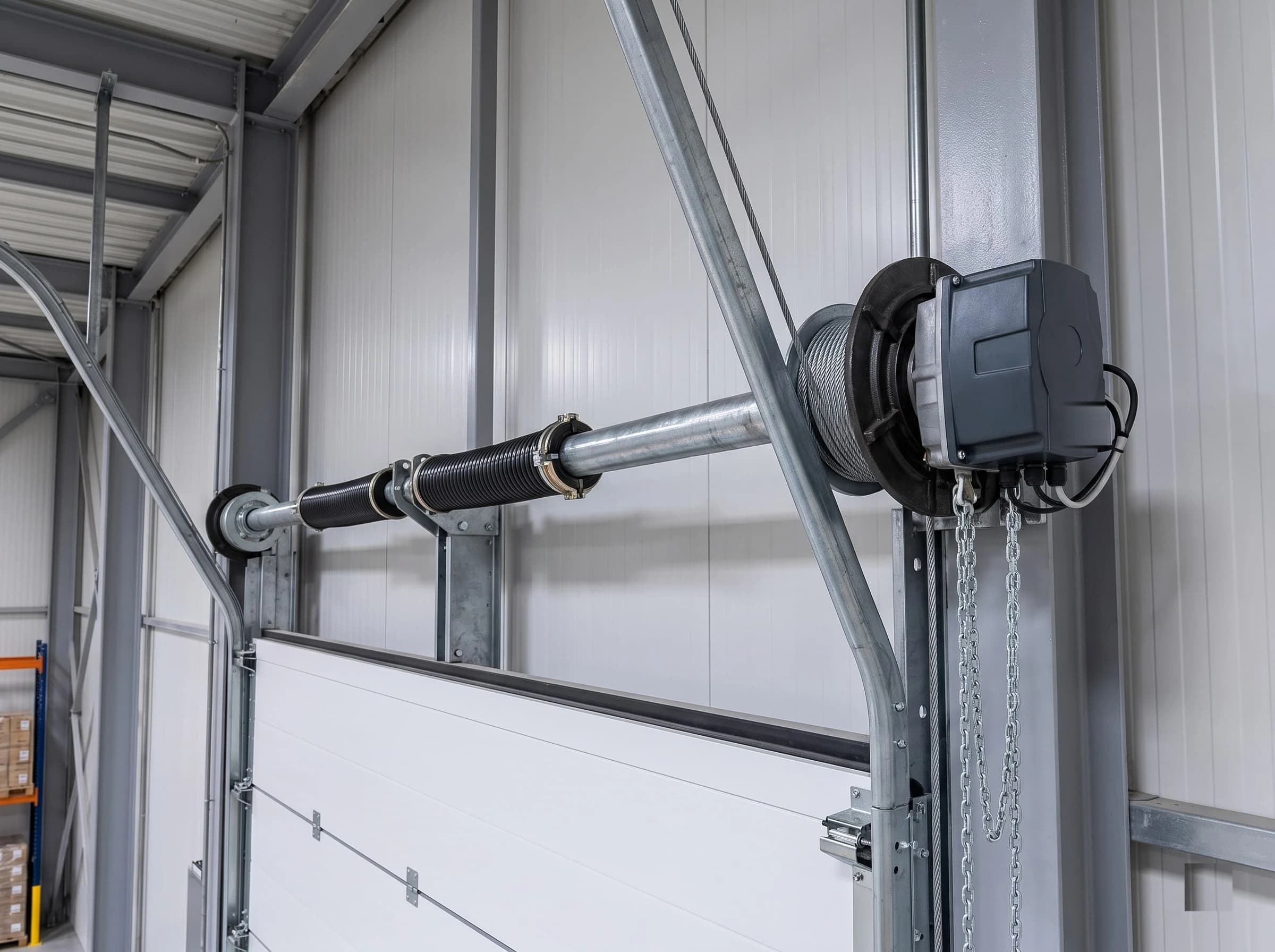 The overhead mechanism of an industrial sectional door: galvanised torsion shaft in its brackets, black torsion springs, the cable drum with lifting cable, and the door operator on the shaft end with its chain override
