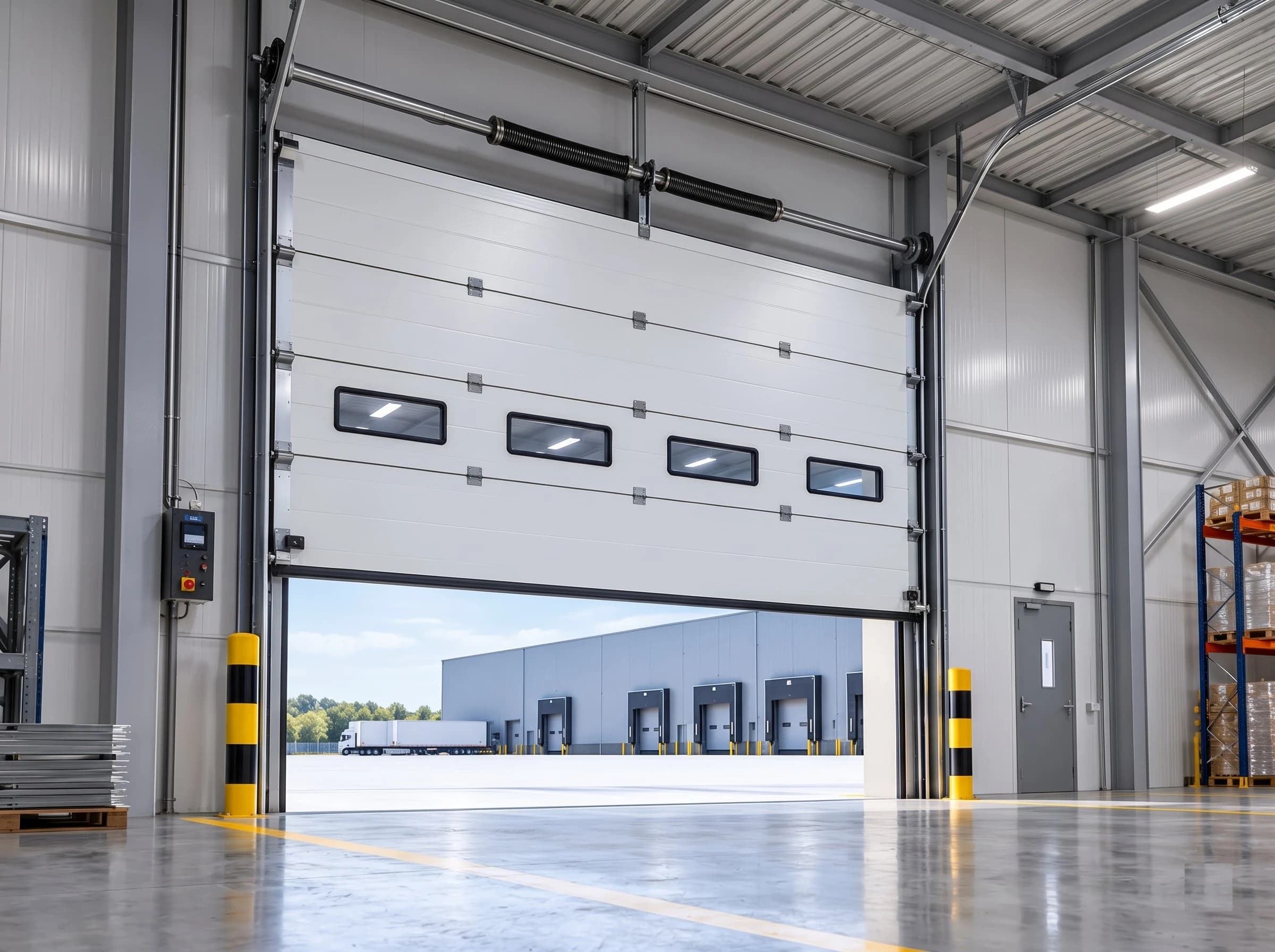 An industrial sectional door two-thirds open seen from inside the warehouse, the upper panels travelling onto the horizontal overhead tracks under the roof while the lower panels remain in the vertical tracks, the loading yard visible through the opening