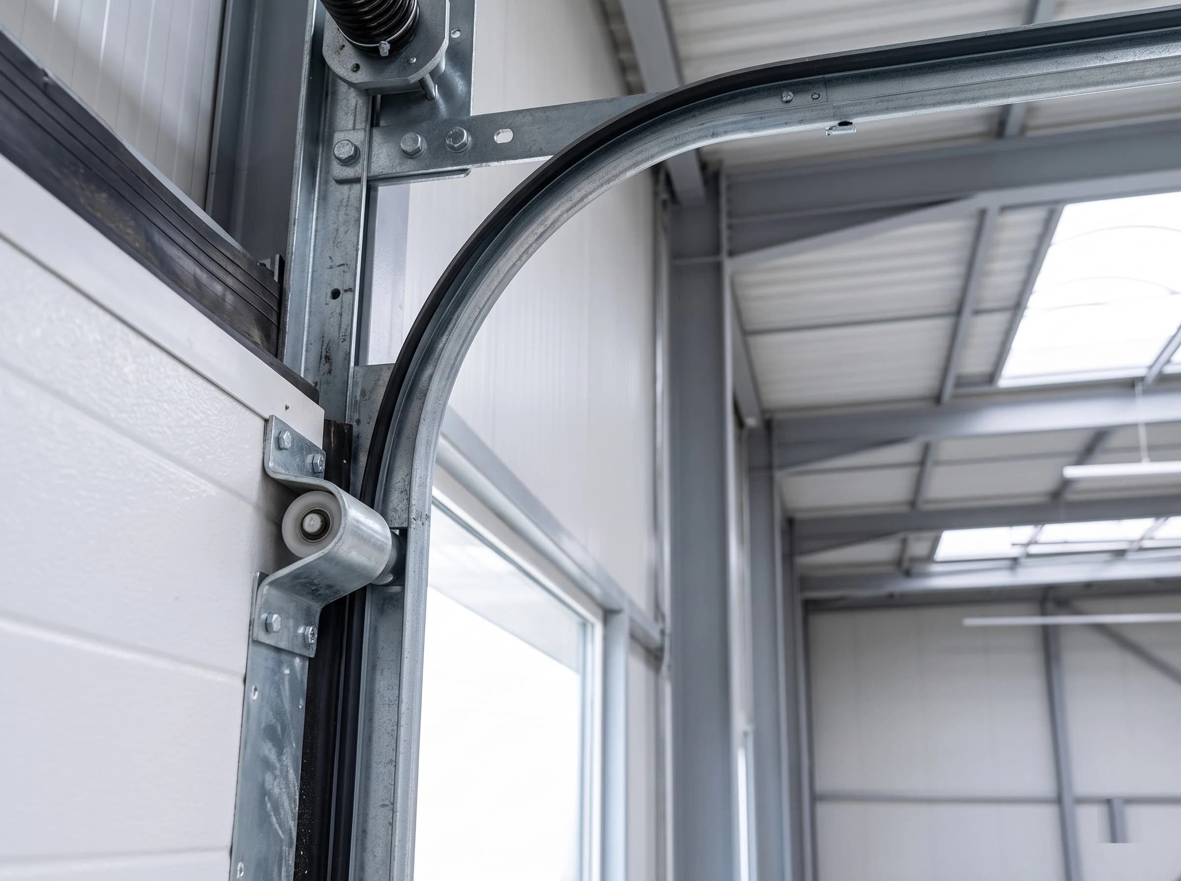 Close-up at the jamb of a sectional door: the galvanised end hinge with its roller running in the vertical track, the panel edges against the black jamb seal, and the track curving overhead