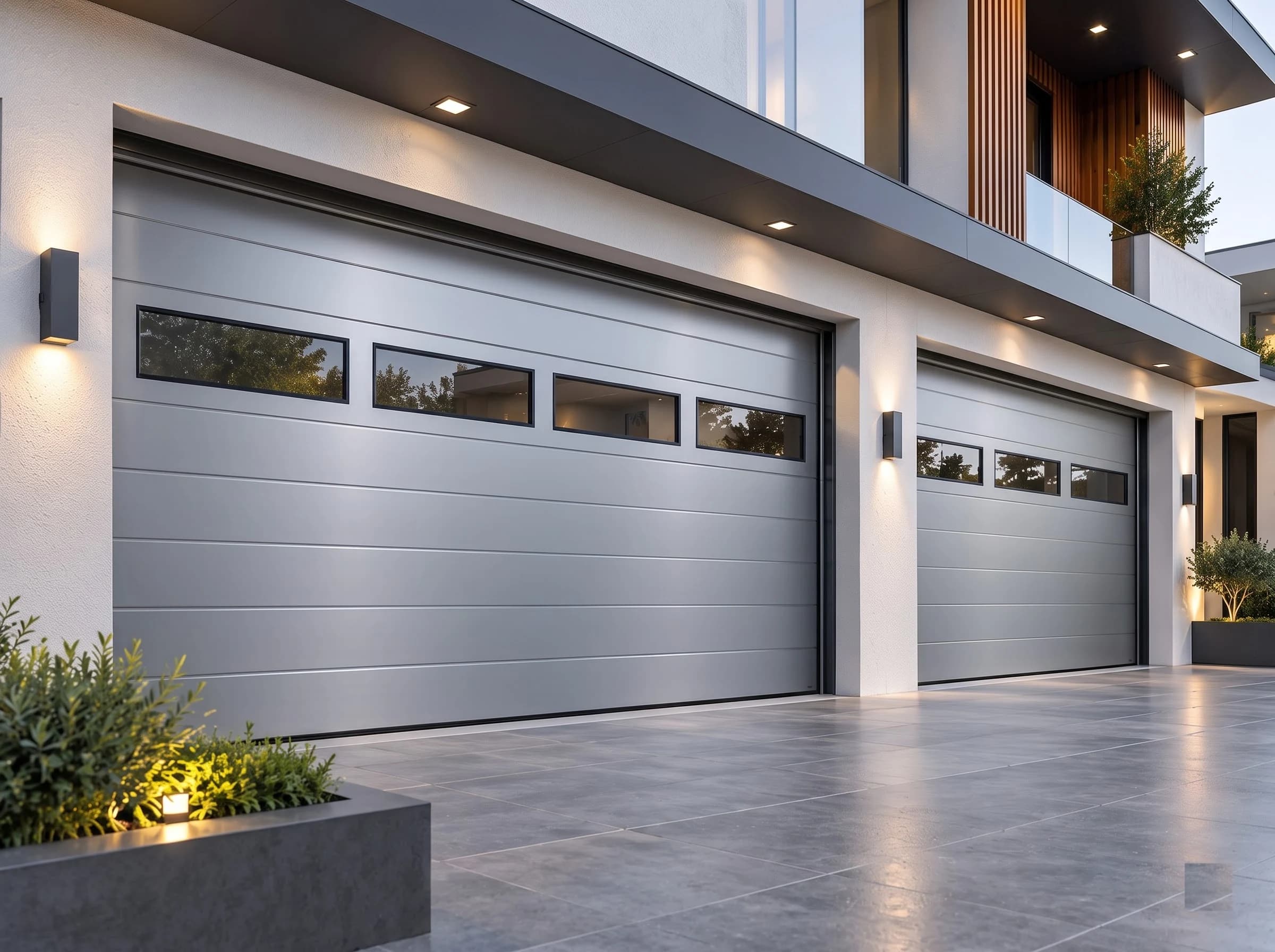 A silver-grey insulated steel sectional garage door seen from the driveway at a three-quarter angle, closed, with its fine horizontal groove lines and a row of four black-framed windows, on a contemporary house at dusk