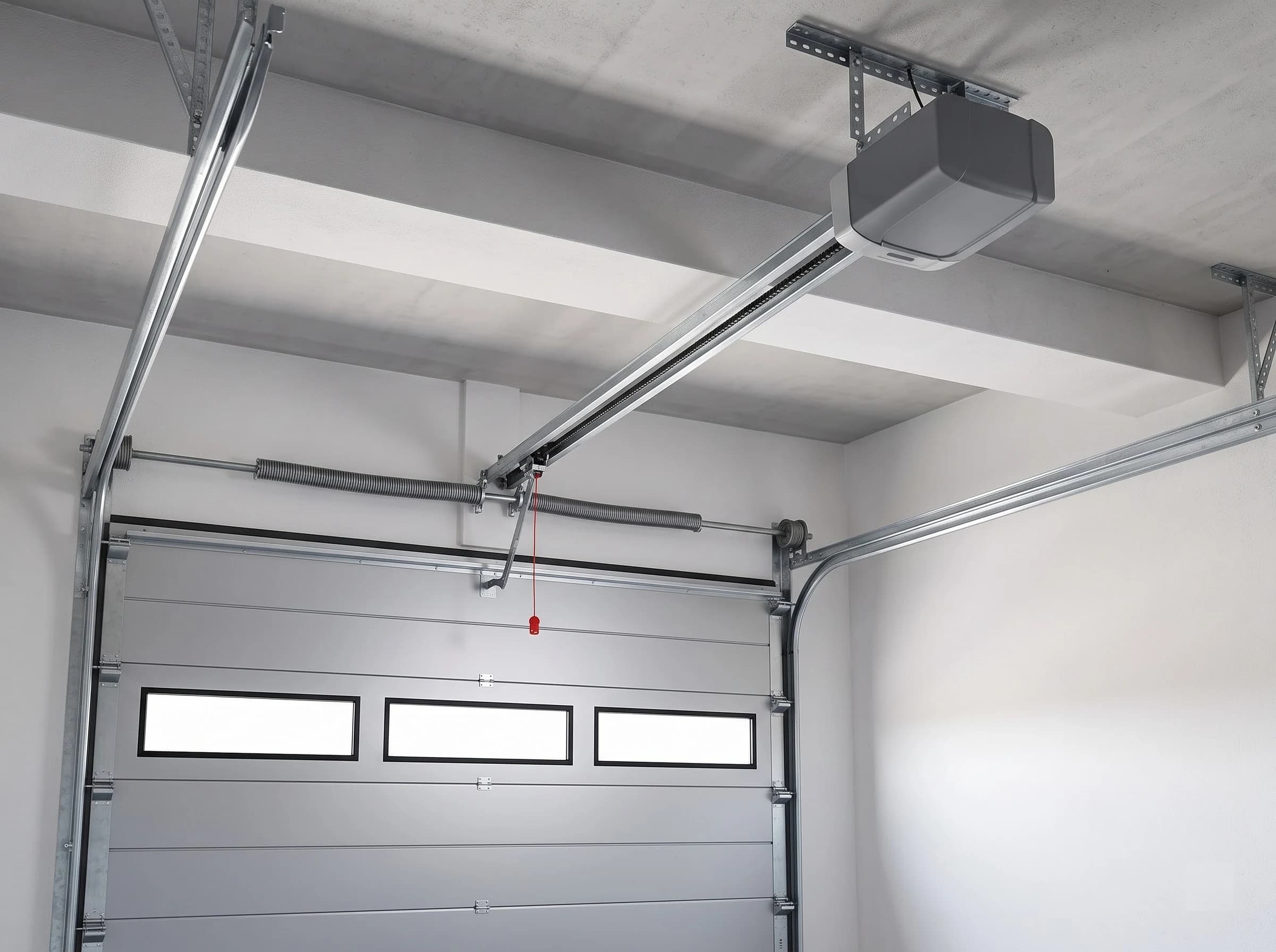 Inside view of a residential garage door's drive: the ceiling-mounted operator at the end of its drive rail, the trolley arm to the top section with the release cord, the torsion spring above the door head and the horizontal tracks, with the silver-grey door and its window row below