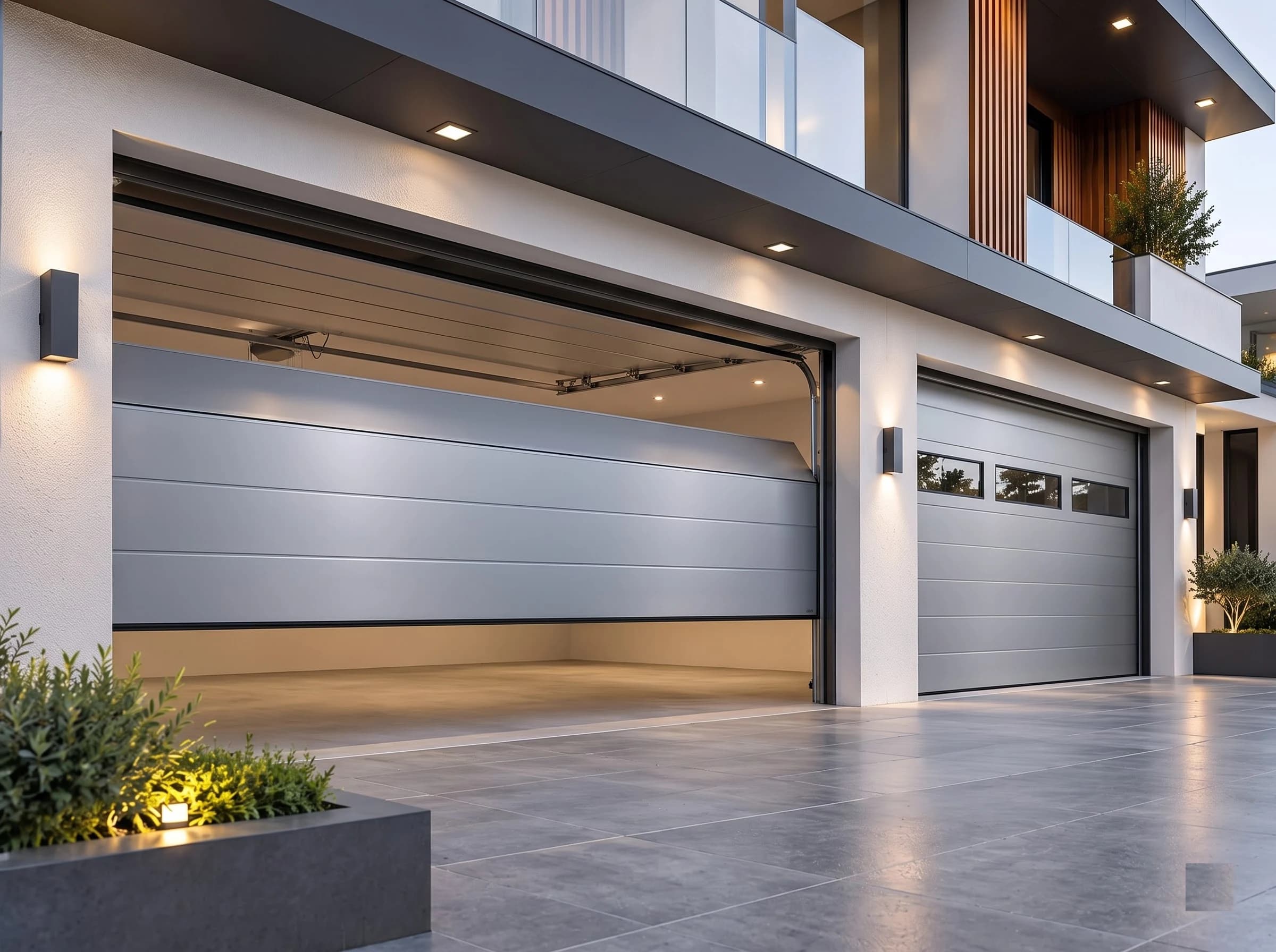 A contemporary house at dusk with one silver-grey sectional garage door two-thirds open, its upper sections travelling overhead into the lit empty garage while the lower sections remain in the tracks, and the second door closed beside it