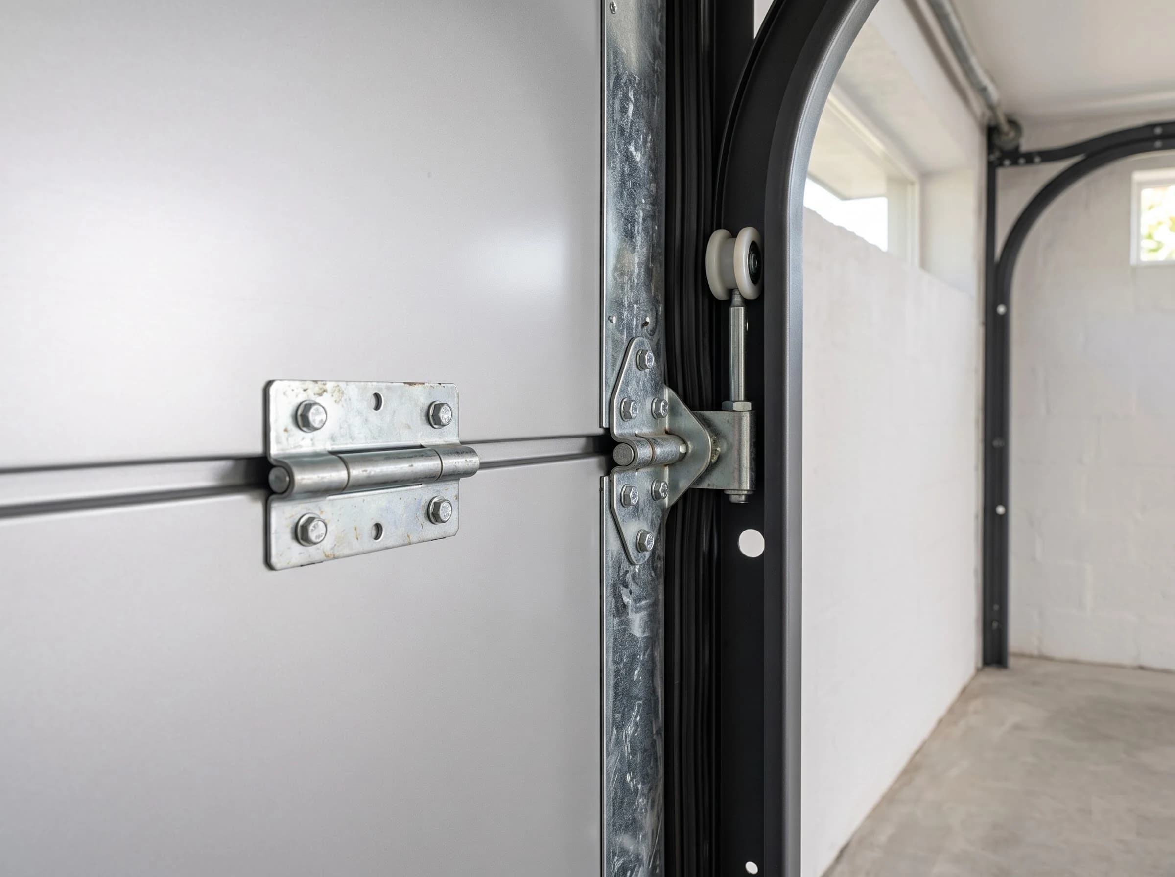 Inside view at the jamb of a residential garage door: a galvanised end hinge on the section edge with its roller in the powder-coated vertical track, an intermediate hinge across the joint, the black jamb seal and the track curving overhead