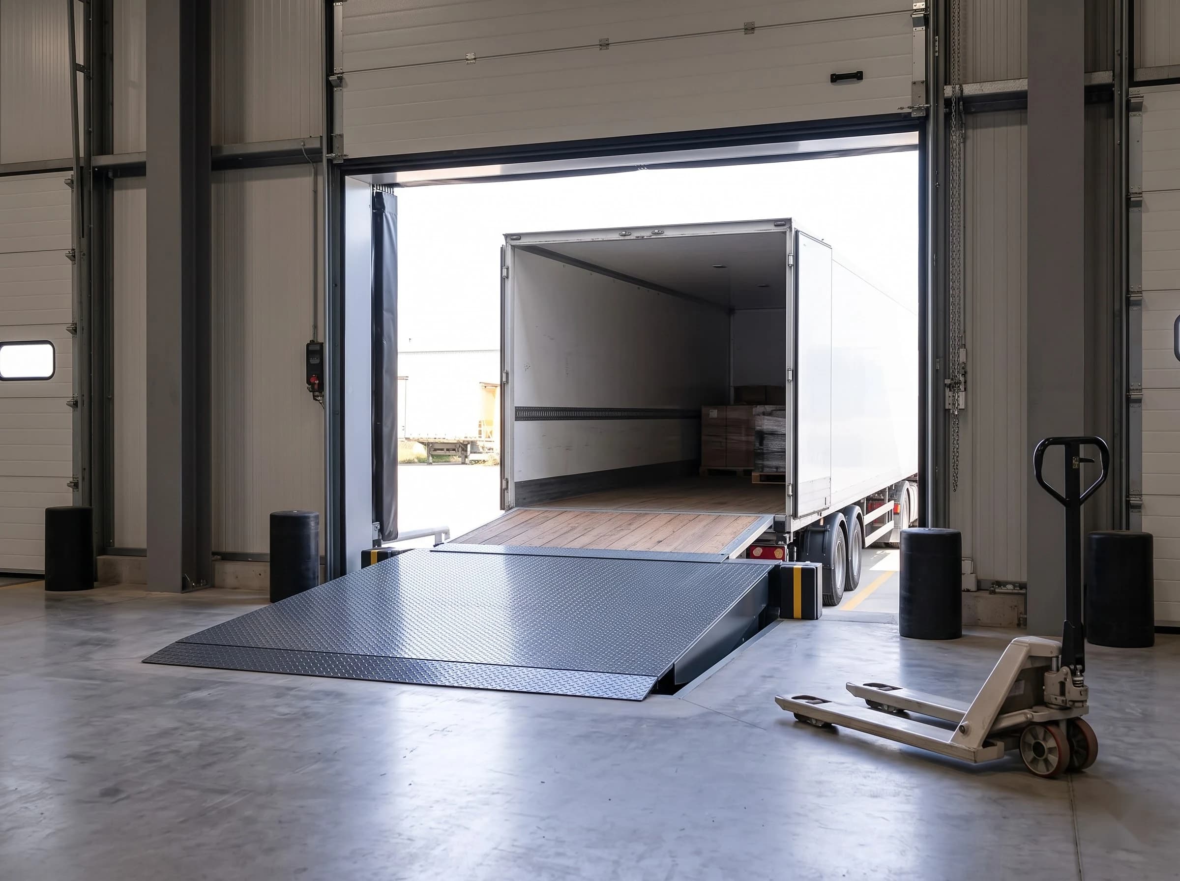 From the warehouse floor looking out through an open loading bay: the dock leveller deck sloping gently down with its lip on the floor of a plain white trailer, forming one continuous ramp, with a hand pallet truck parked to the side and the sectional door raised above