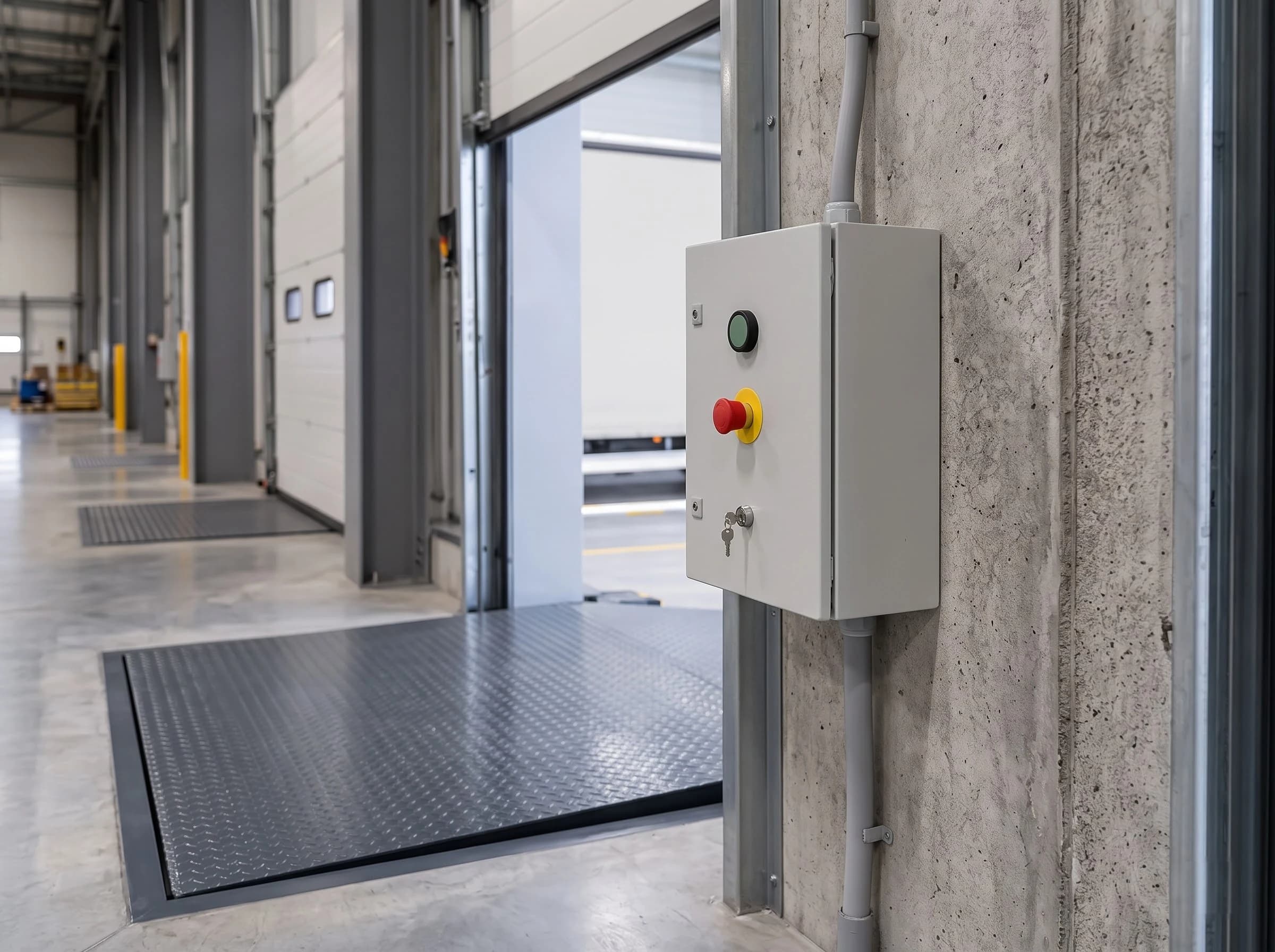 The dock leveller control station on the wall beside the bay: a light-grey box with a green raise button, red mushroom emergency stop and key switch, its conduit running down to the pit, with the deck stored level with the warehouse floor and the open bay beyond