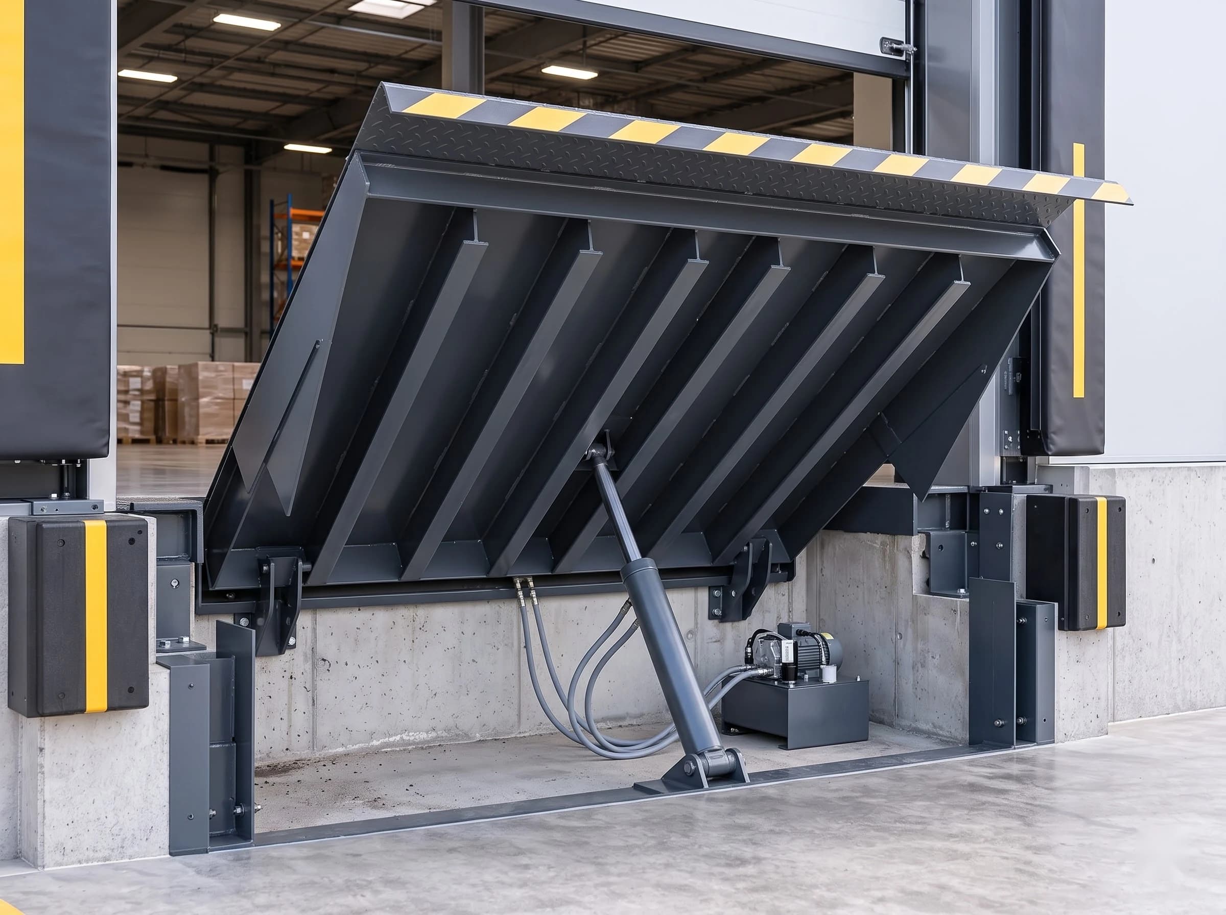 A hydraulic dock leveller raised to its full height seen from the pit front: the underside stiffening ribs of the chequer-plate deck, the single lift cylinder with its hoses, the hydraulic power pack, the black pit frame and rear hinge, and the dock bumpers either side