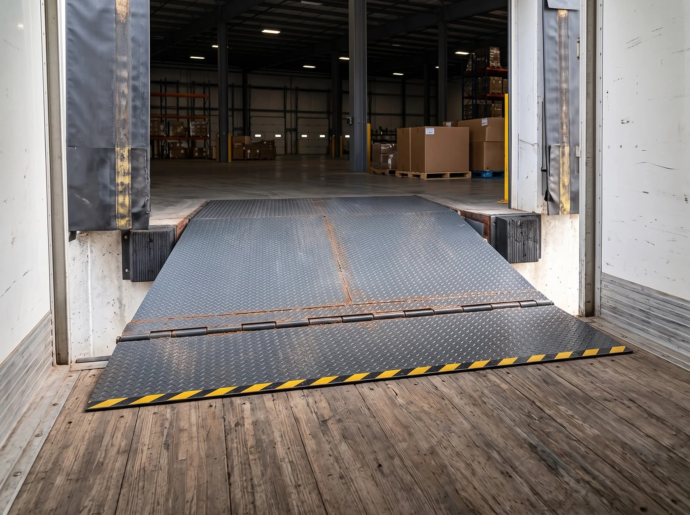 Seen from inside a trailer looking back to the dock: the swing lip of a hydraulic dock leveller folded down and resting on the trailer floor, its hinge line running the full width, the chequer-plate deck rising behind it to the warehouse floor between the black dock bumpers