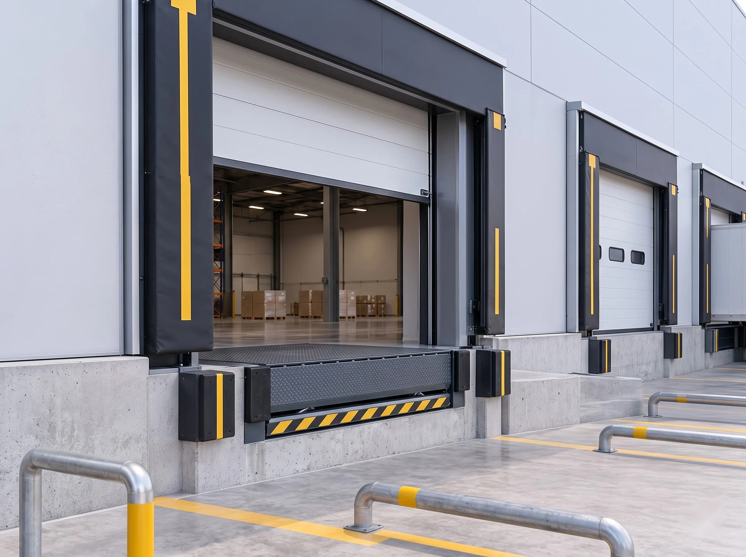 A row of loading bays on a distribution building seen from the yard: the nearest bay open with the dock leveller deck at the dock edge in its stored position, black rubber bumpers, a black dock shelter around the opening, the sectional door raised and yellow wheel guides on the apron