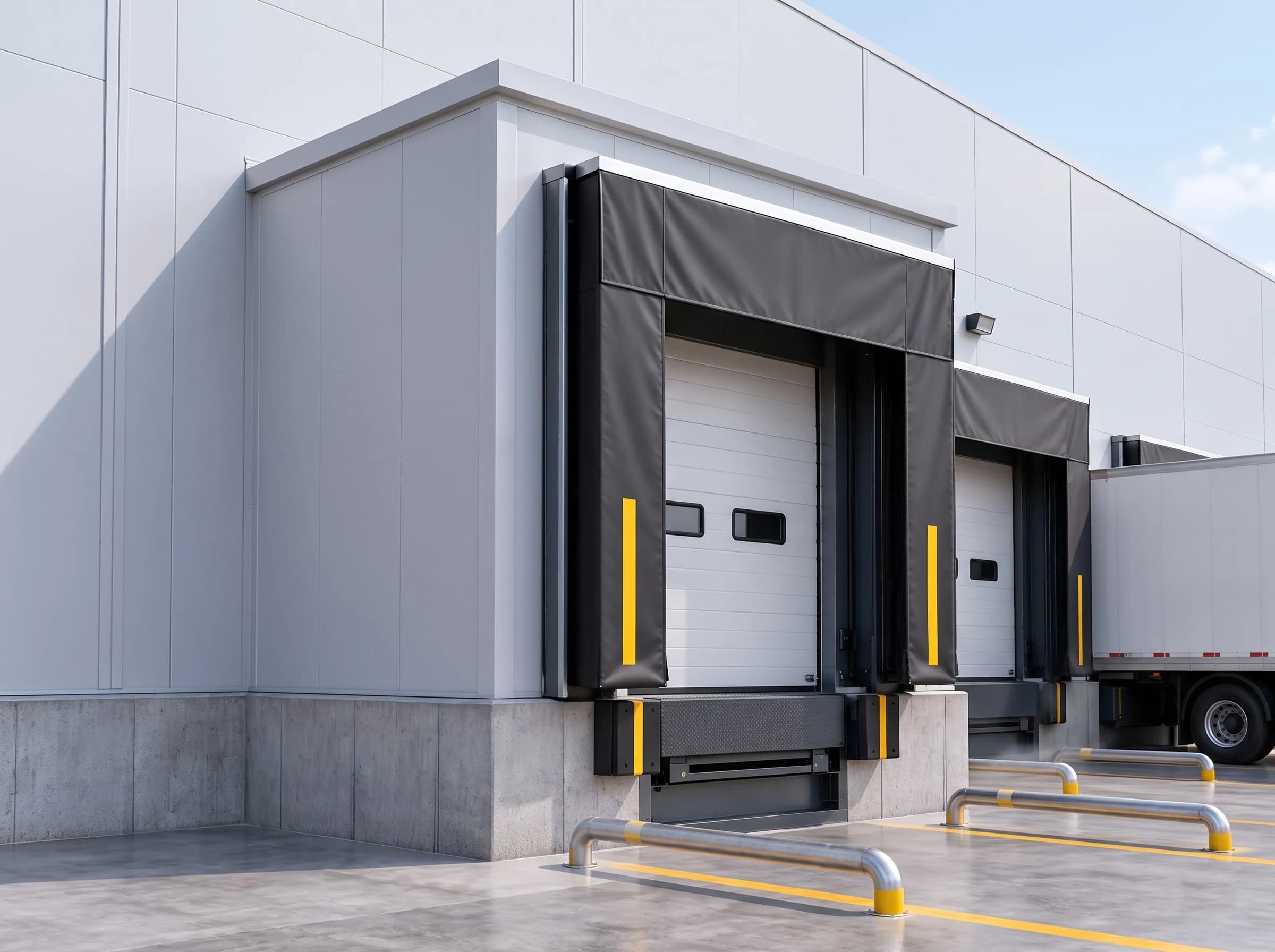 A dock house built out from the face of a distribution building: a rectangular housing in light-grey insulated panels with a flat roof, carrying the same black curtain shelter, white sectional door, dock leveller, bumpers and yellow wheel guides on its front, with the standard shelters on the wall beyond