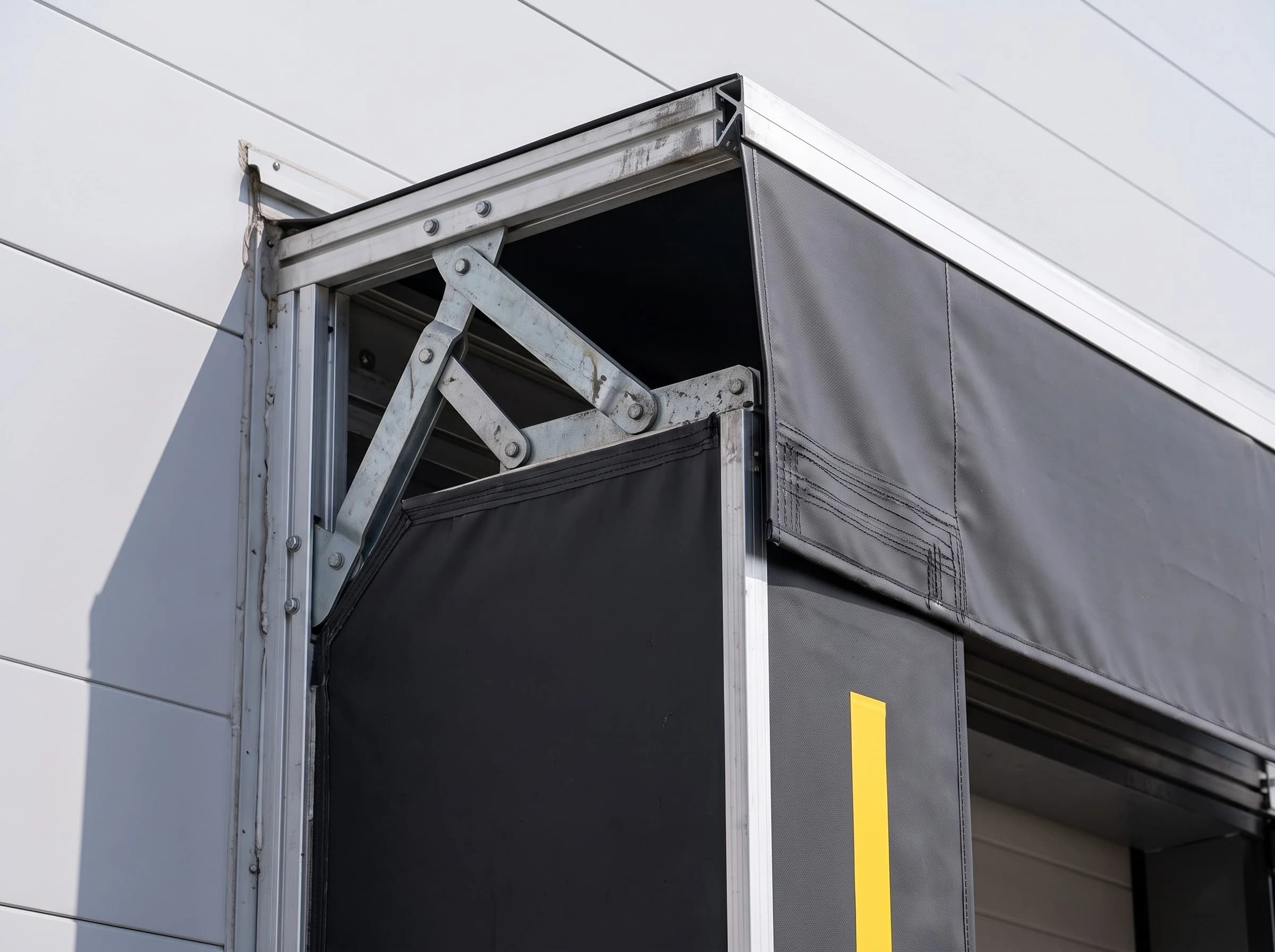 Top corner of a curtain dock shelter with the front curtain drawn back to show the construction: the aluminium frame members, the hinged scissor arms that let the frame deflect on impact and return, the tensioned black PVC head and side curtains and the yellow guide stripe