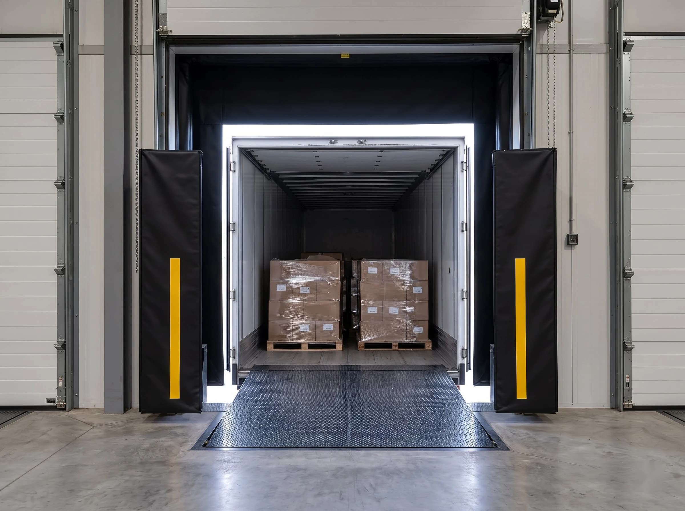 From the warehouse floor looking out through an open bay: a plain white trailer docked with its doors open and pallets inside, the black shelter side curtains with yellow stripes closing the gap either side of the trailer body and the dock leveller bridging into it