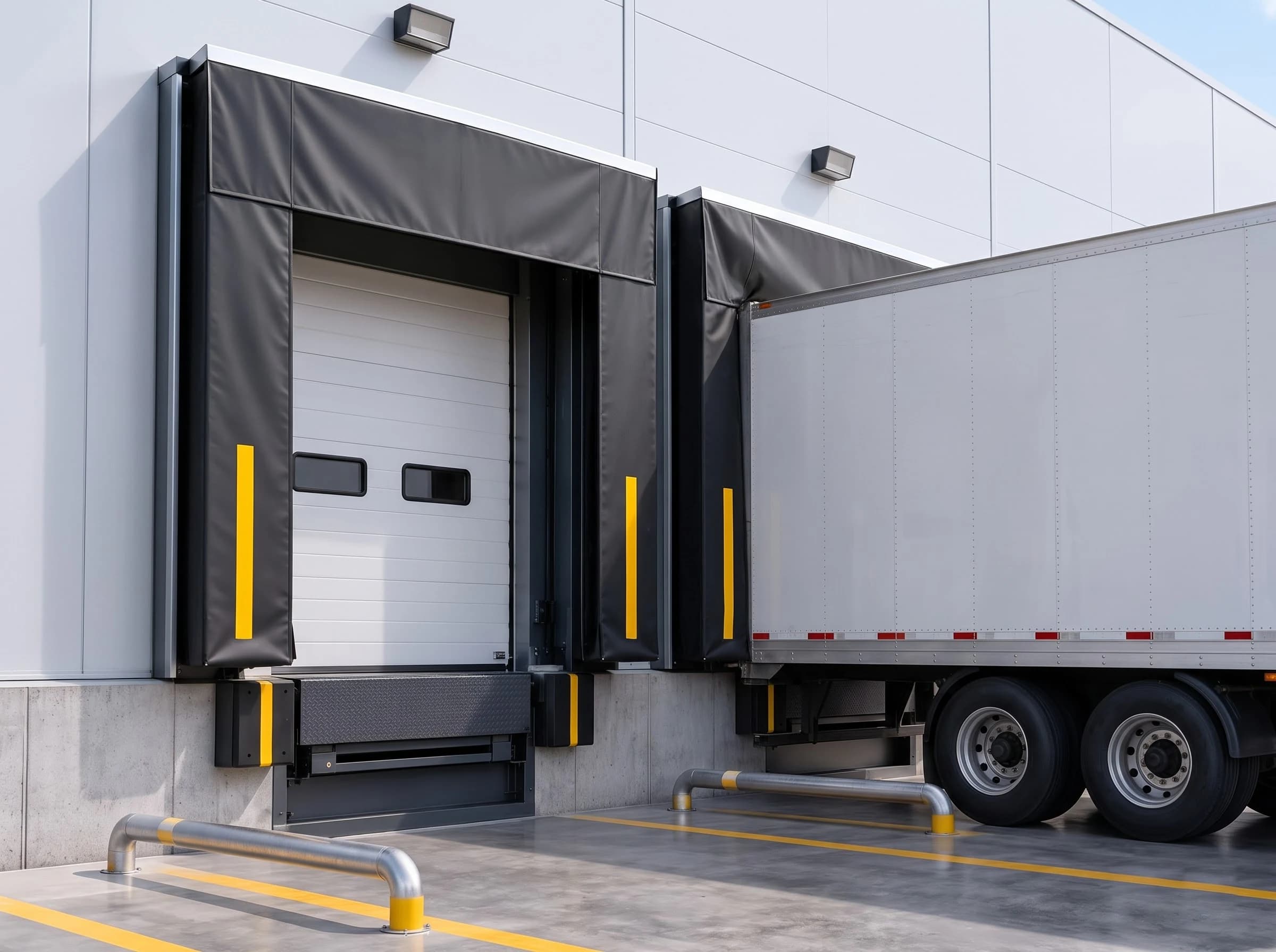 A plain white trailer reversed onto a loading bay with the black curtain dock shelter closed around it: the side curtains with their yellow guide stripes pressed against the trailer body and the head curtain over its roof, the neighbouring empty bay, dock leveller and yellow wheel guides alongside