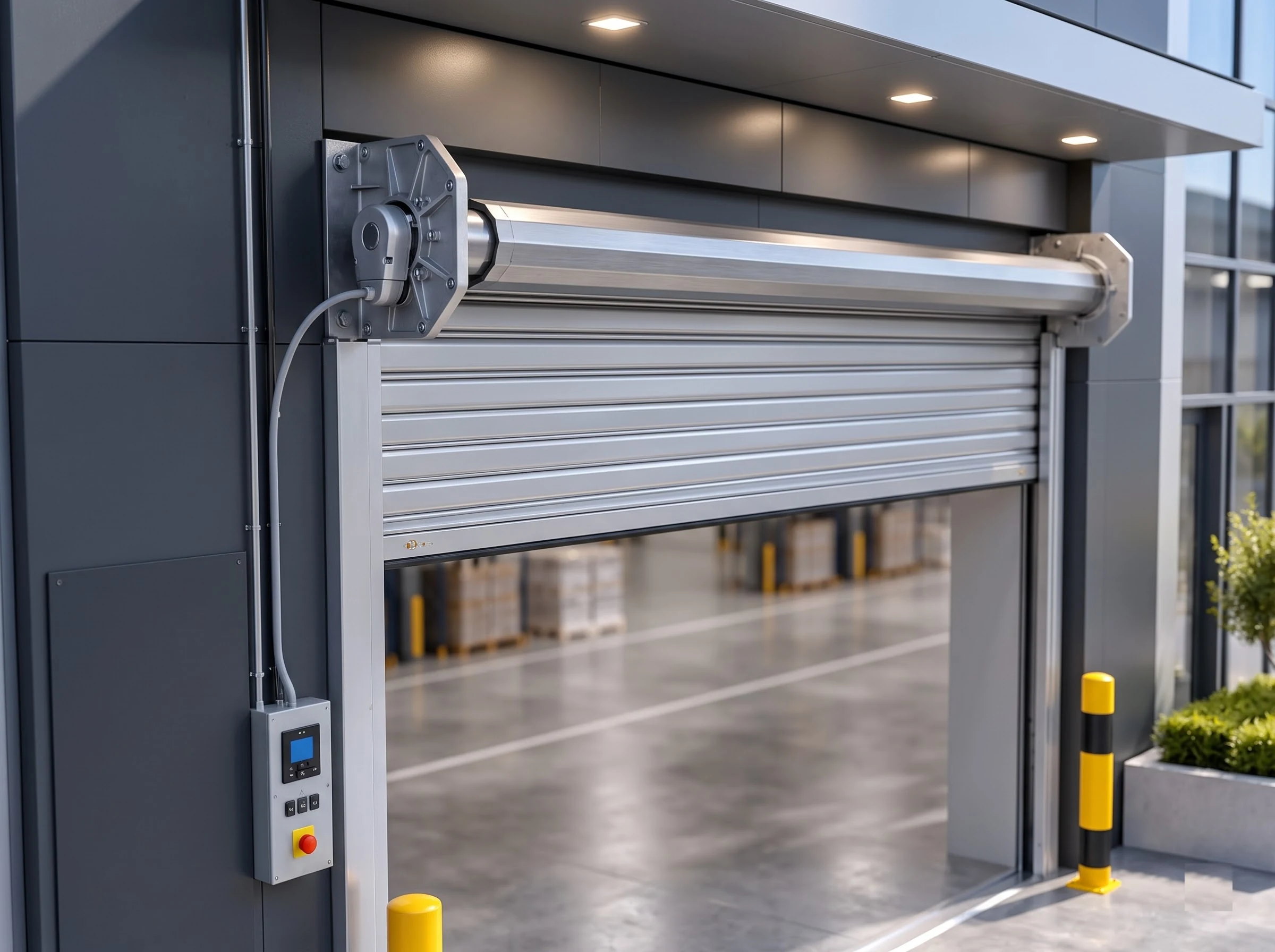 The upper mechanism of an aluminium rolling shutter with the hood cover off: the anodised curtain wound around the octagonal barrel on aluminium end plates, the tubular motor cable at the barrel end and the wall control station below