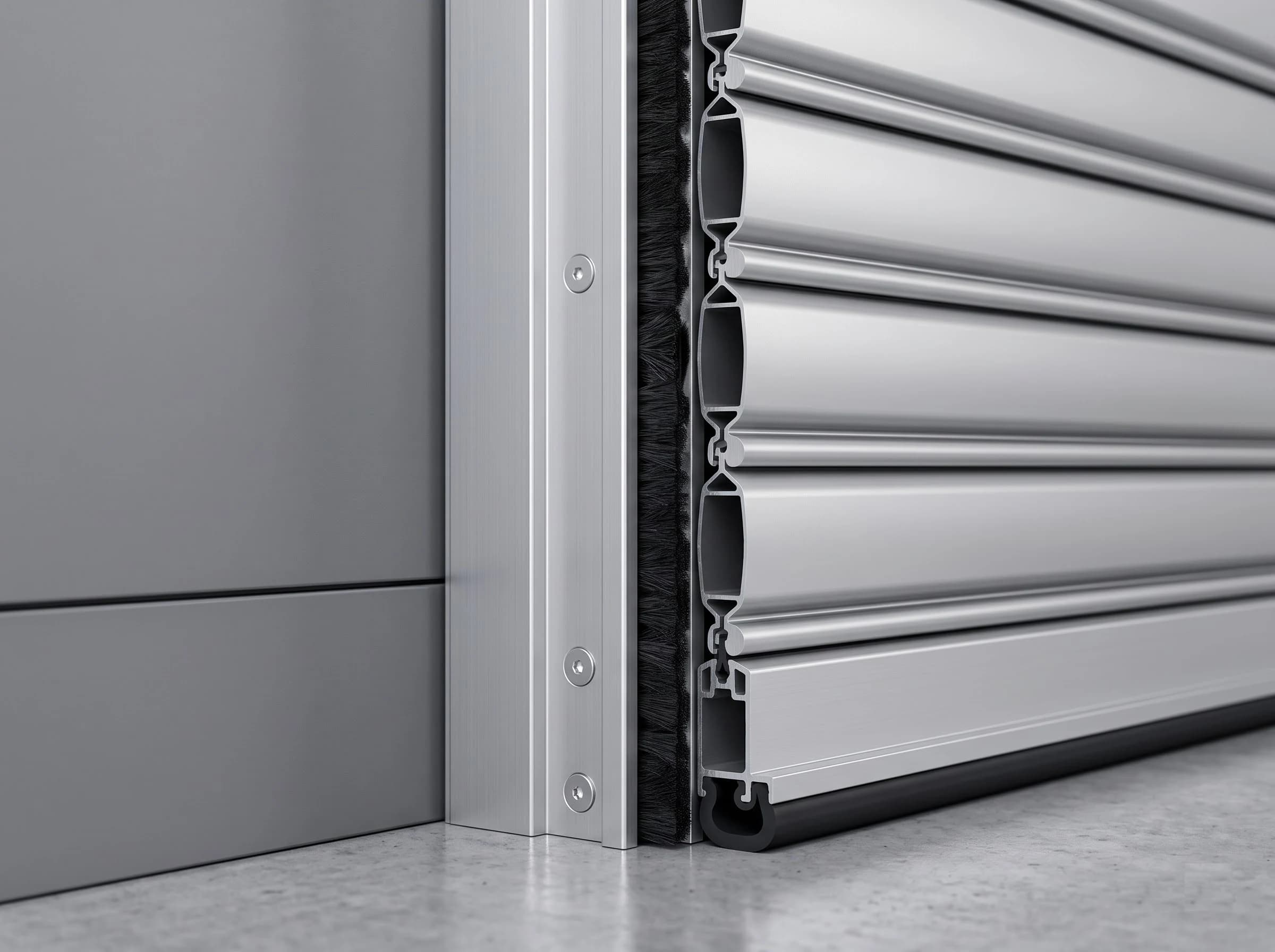 Close-up at one jamb of an aluminium rolling shutter: the satin anodised guide channel with black pile seals gripping the curtain edge, the interlocked double-wall slats entering the guide and the aluminium bottom rail with its rubber seal at the floor