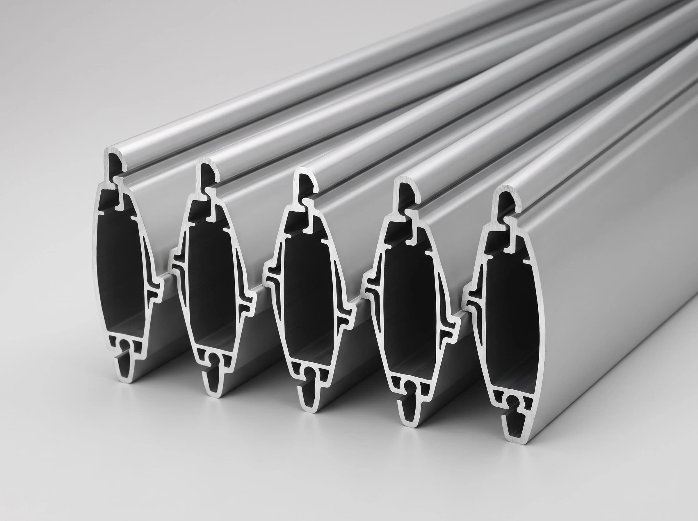 Five extruded double-wall aluminium rolling shutter slats seen end-on on a neutral background, each section showing its two walls and hollow chamber and the hook interlock that joins it to the next, in a satin anodised finish