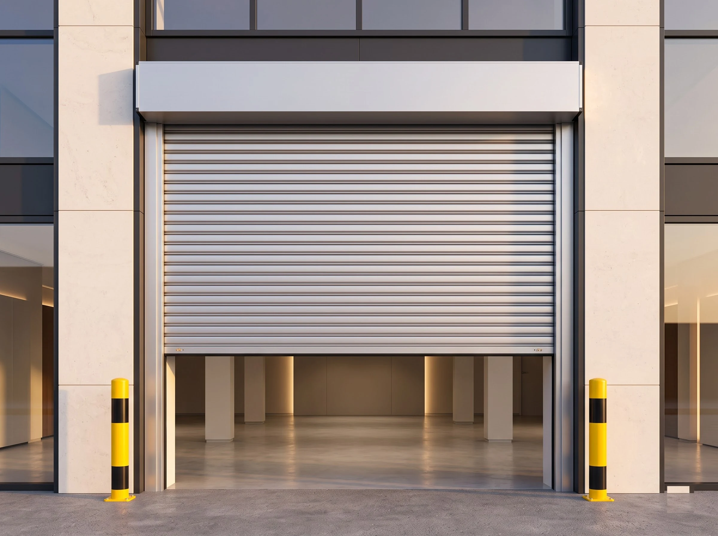 A satin anodised aluminium rolling shutter installed on a stone-clad showroom entrance, the curtain a third open beneath the anodised hood between aluminium guides, with yellow-and-black bollards