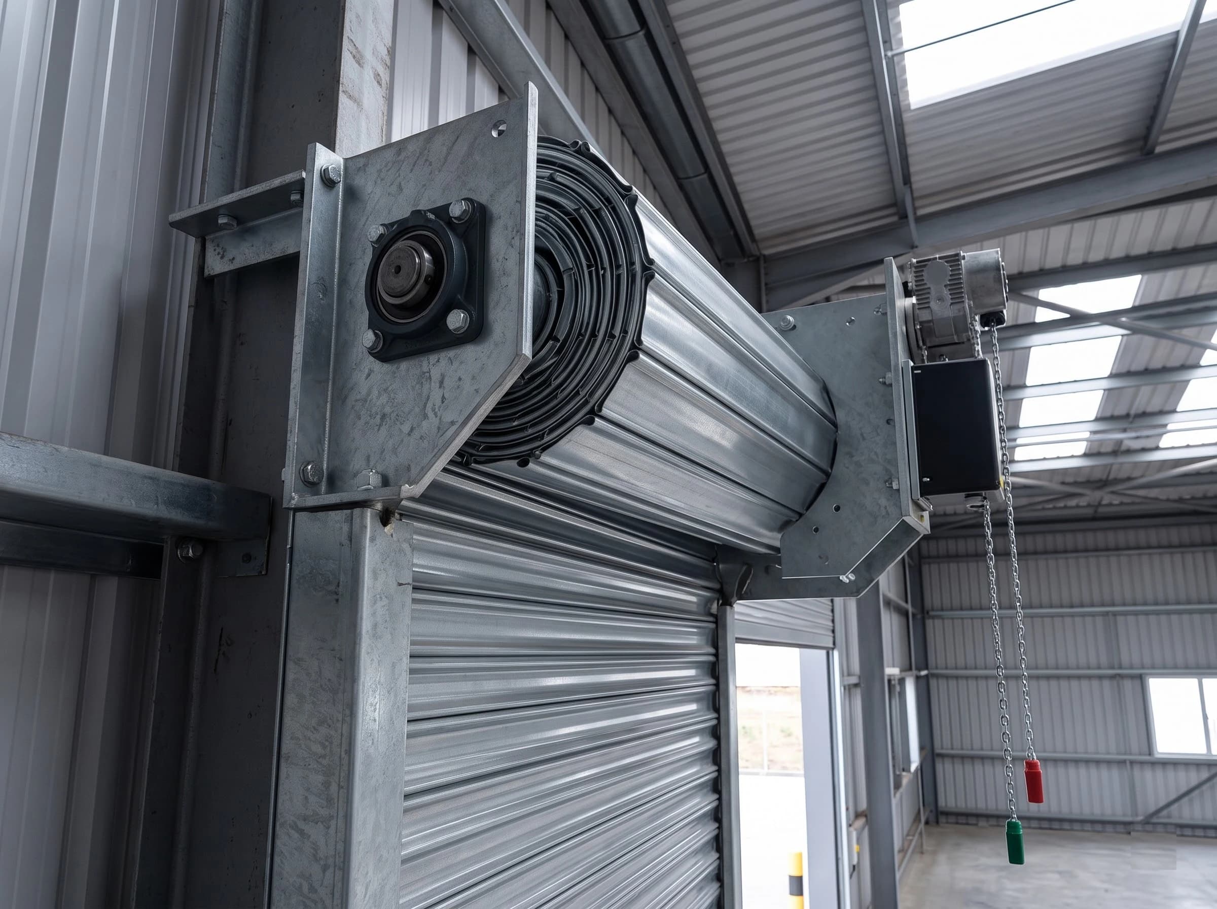 The upper mechanism of a galvanised rolling shutter seen from below: the galvanised curtain wound around the steel barrel, the barrel bearing on a galvanised end plate bolted to the column bracket, and the geared side motor with hand chain on the end plate