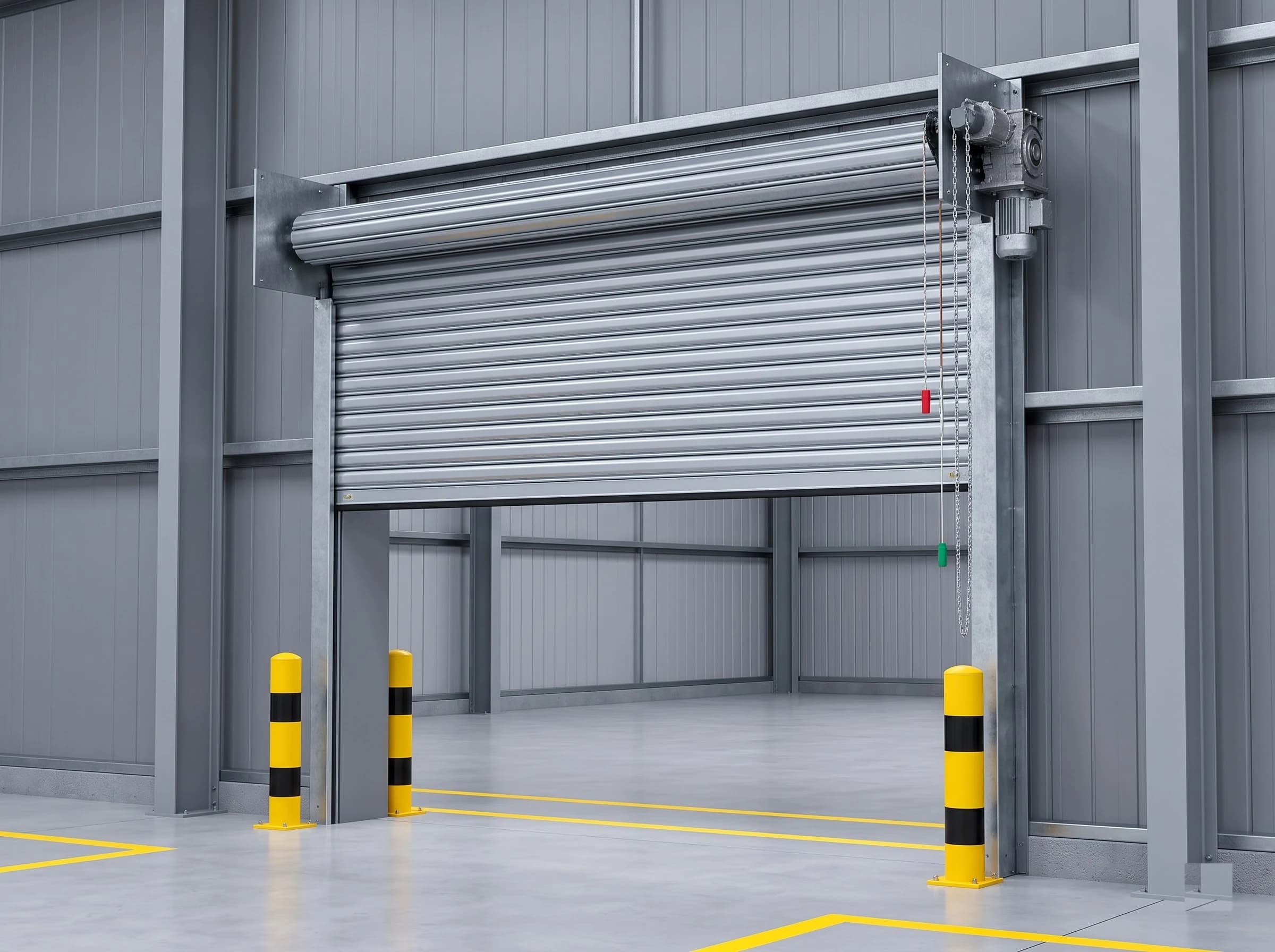 A large galvanised rolling shutter installed on a factory bay opening in a pre-engineered steel shed, the curtain two-thirds down, with angle guides, the side motor and chain, yellow-and-black bollards and yellow floor markings