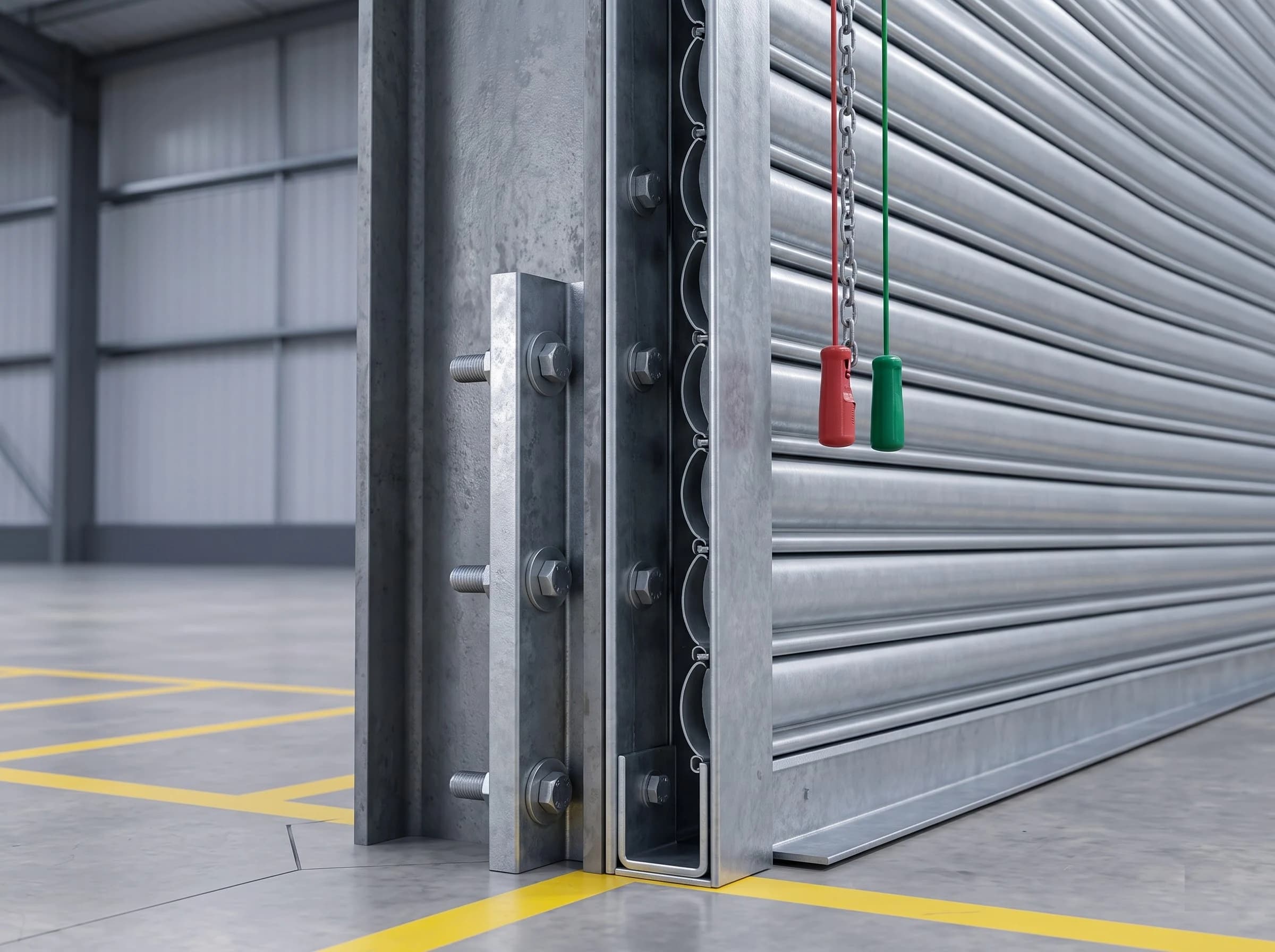 Close-up at one jamb of a galvanised rolling shutter in a factory: the heavy galvanised angle guide bolted to the steel column, the curtain of interlocked slats entering the guide channel, the galvanised angle bottom rail on the floor and the hand chain and pull cords beside it